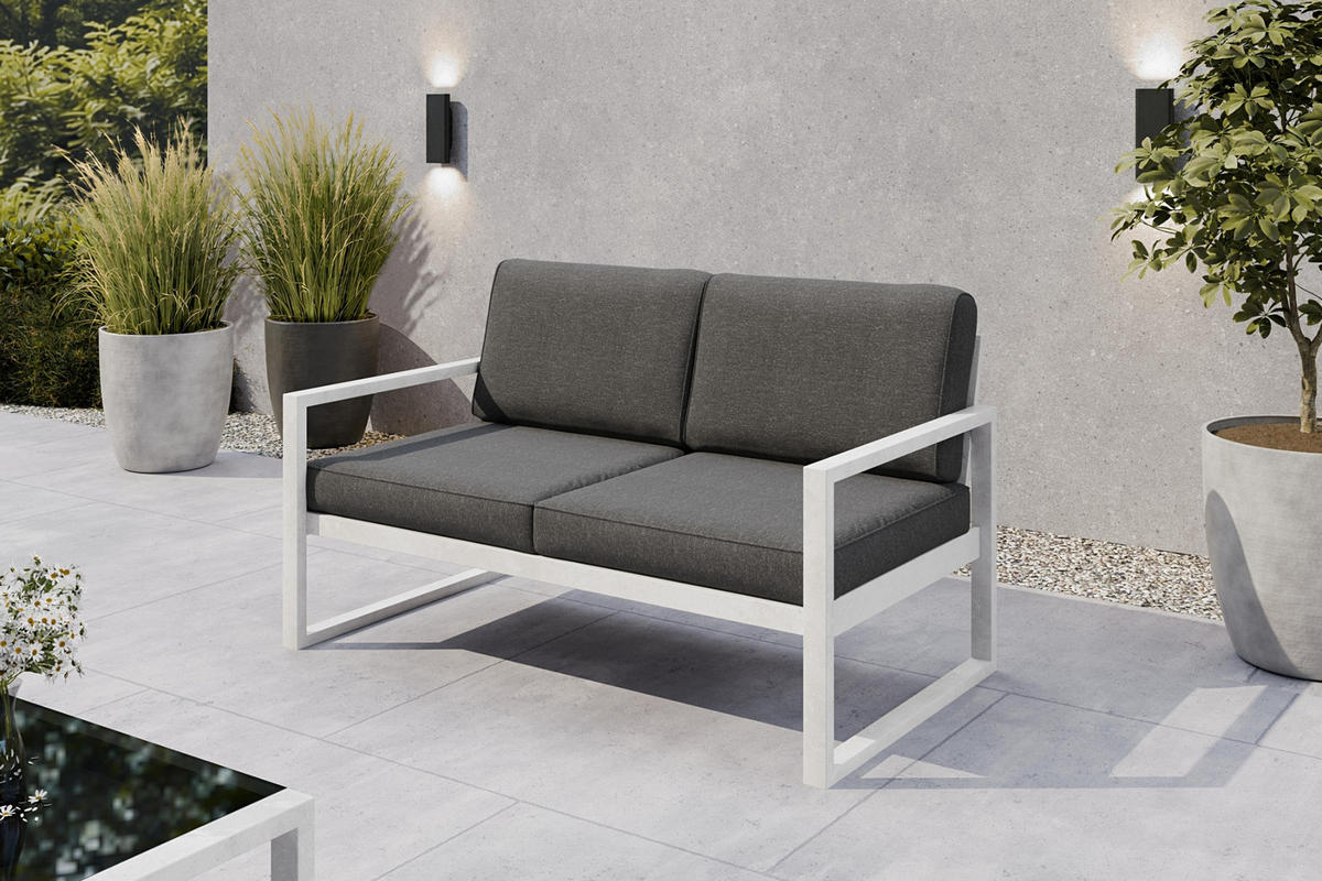 GARTENSET Madera für 6 Personen Balkonmöbel Aluminium Terassenmöbel Sitzbank, 4-tlg. Tisch, weiß, dunkelgrau - Dunkelgrau/Weiß, Kunststoff/Metall - Margaret Hadas24