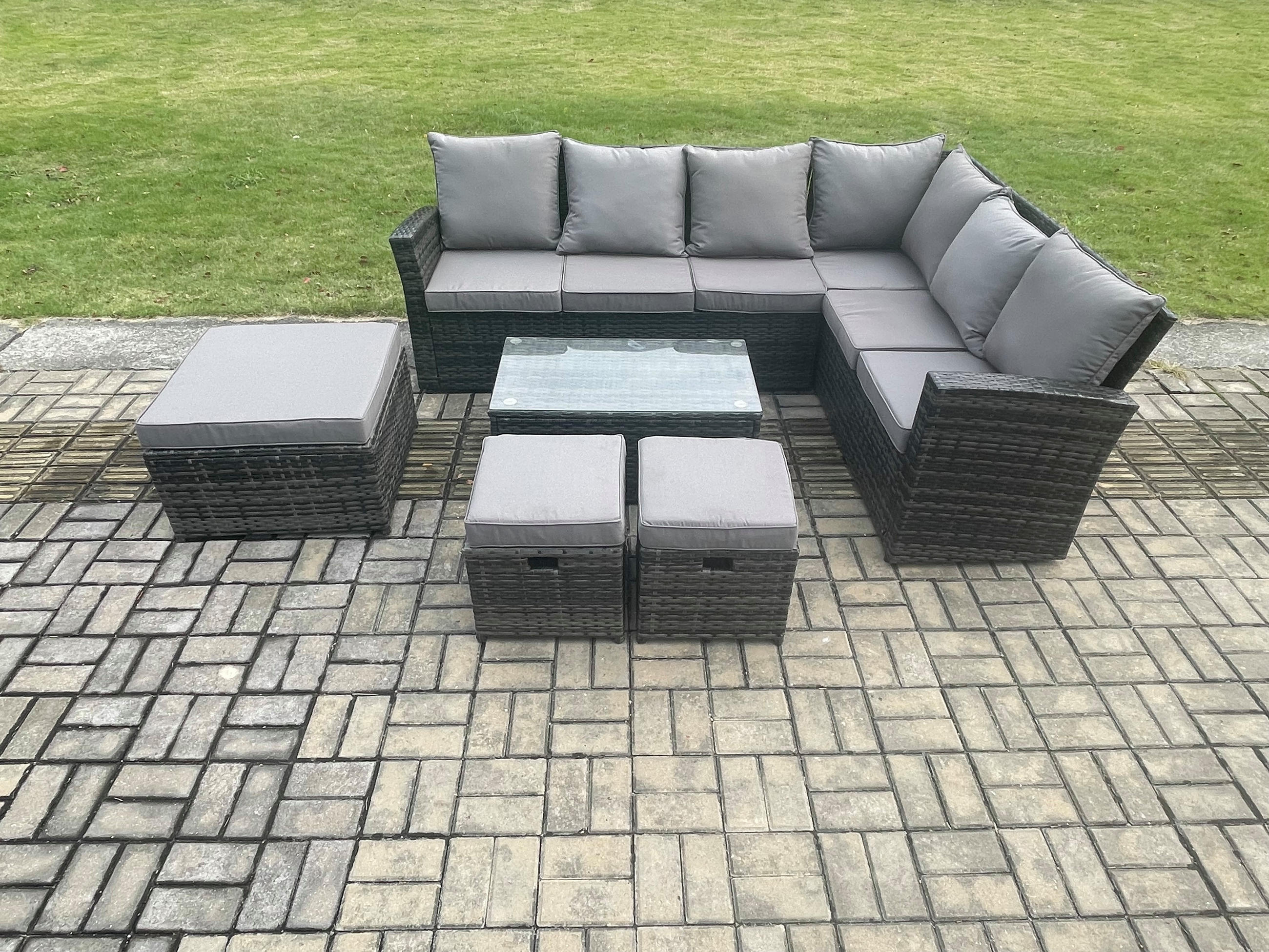 GARTENSOFA SET Hohe Rückenlehne Polyrattan Dunkelgrauer Mix 9-Sitzer - Dunkelgrau/Grau, Glas/Kunststoff - Fimous
