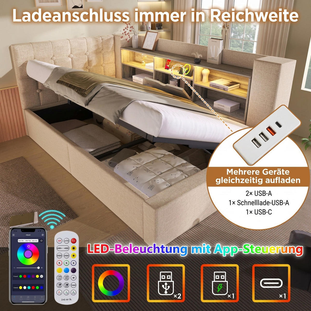 POLSTERBETT 90/190 cm Beige mit LED-Beleuchtung und Stauraum (Ohne Matratze) - Beige, Textil (90/190cm) - Oxeza