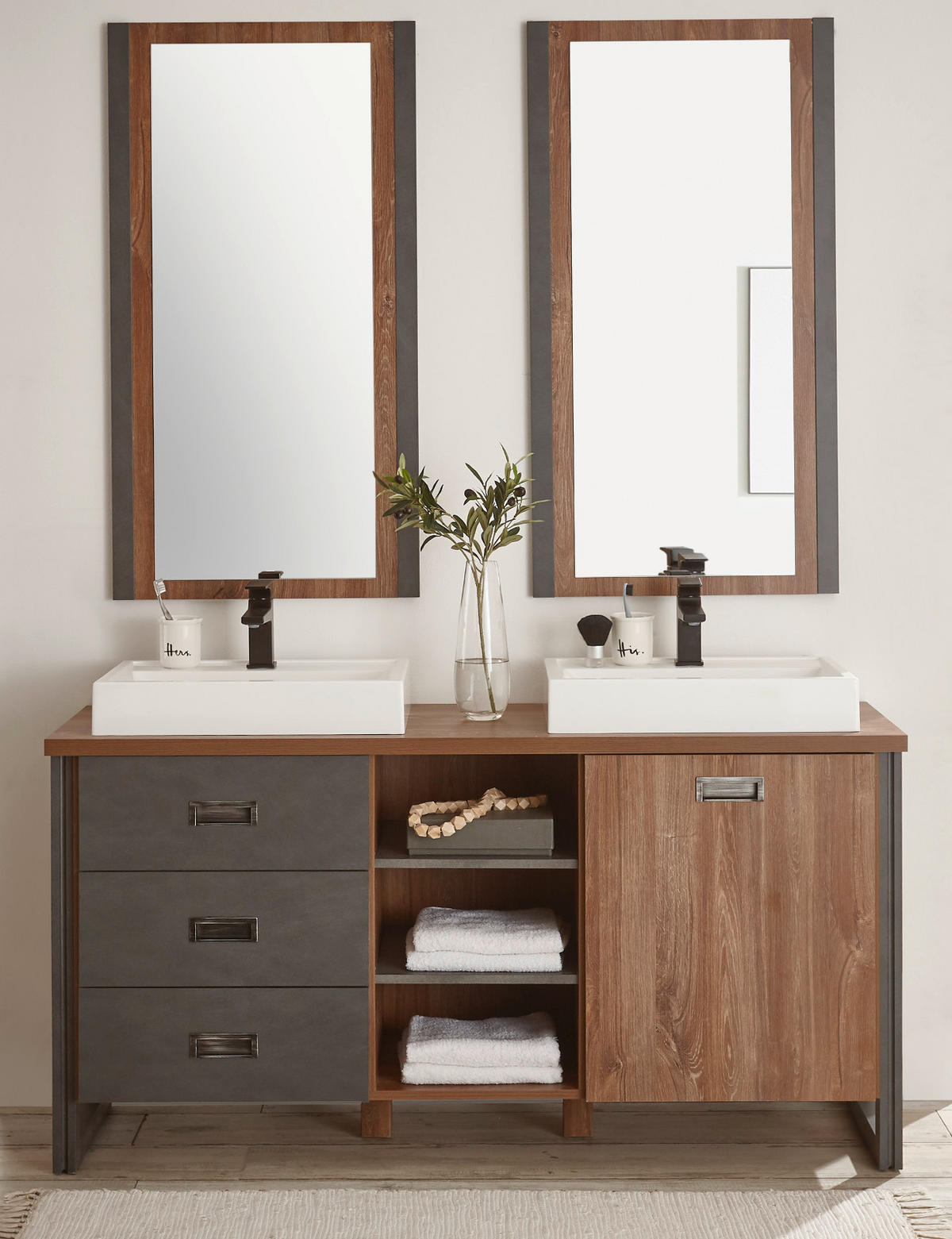 BADMÖBEL-SET 5-teilig Eiche Stirling, Matera grau, Doppelwaschtisch inkl. 2 x Waschbecken 138 x 205 cm Badkombination - Eichefarben/Grau, Holzwerkstoff (138/205/40cm) - Furn.Design