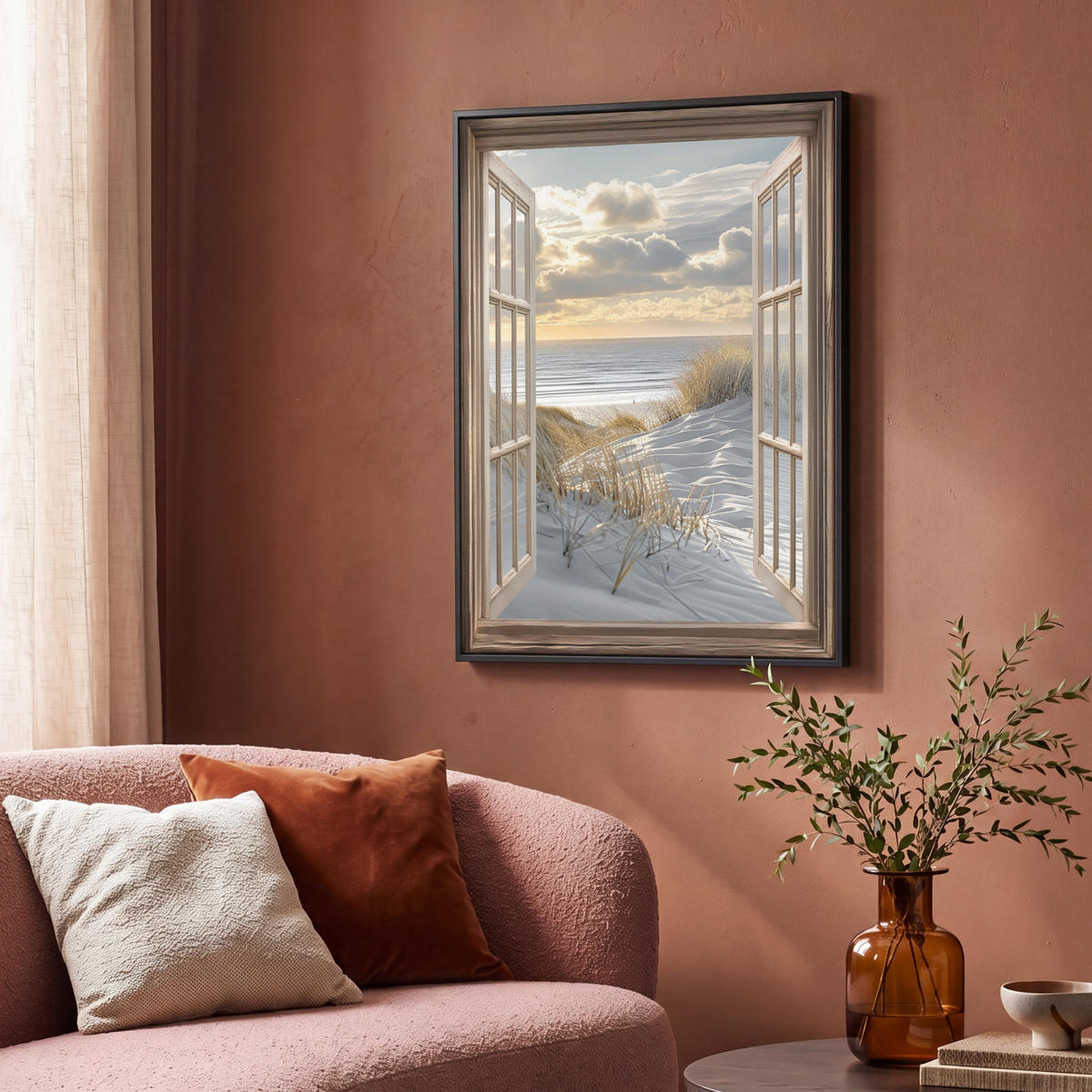 LEINWAND Bilder mit Rahmen - Ausblick - Strand - Dünen - Meer - Natur - 70x100 - Sandfarben, Textil (70/100cm) - MuchoWow