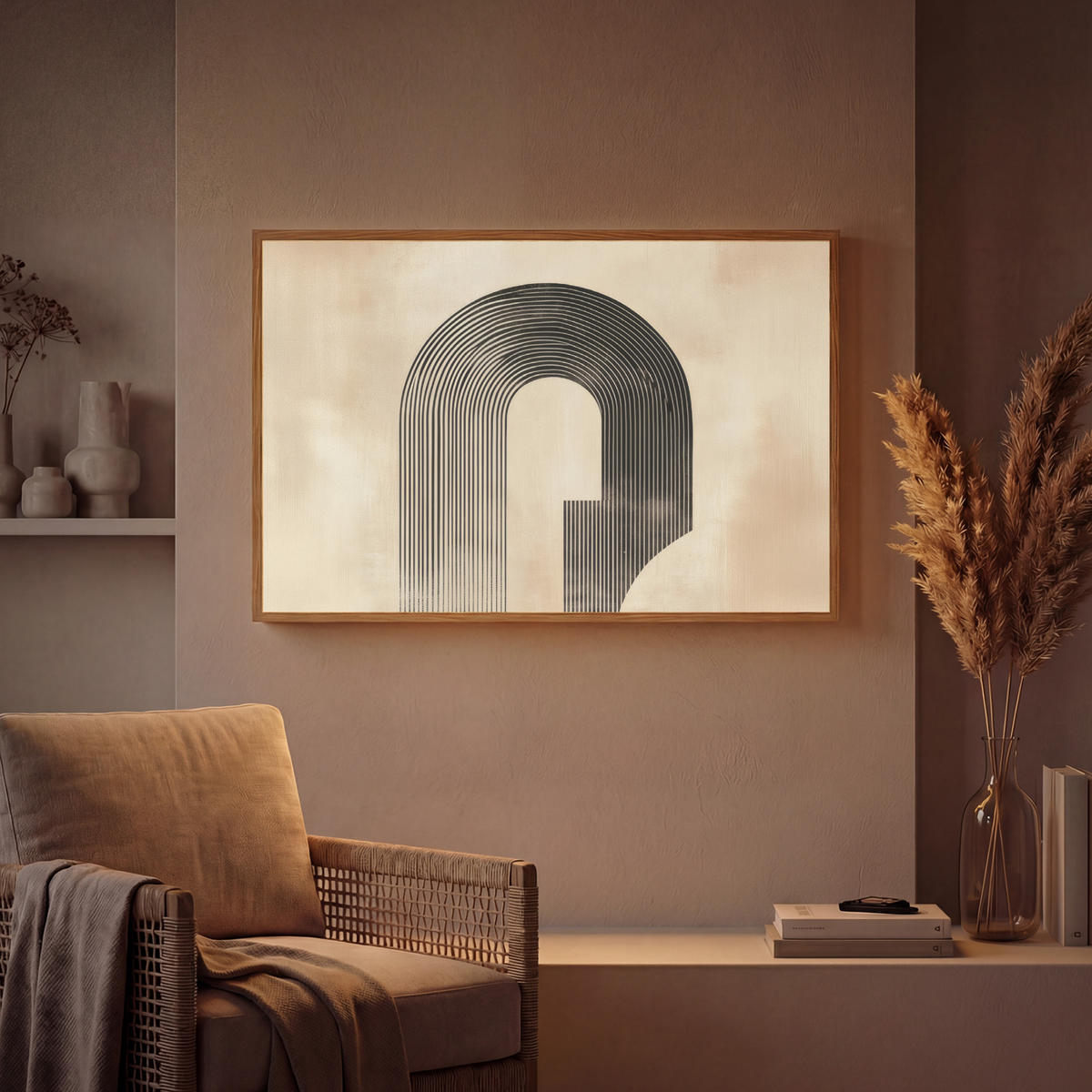 WANDLEUCHTE MIT AKKU Schleife - Streifen - Minimalistisch - Schwarz 90x60 cm - Beige, Holzwerkstoff (90/60/8cm) - OnlyWow