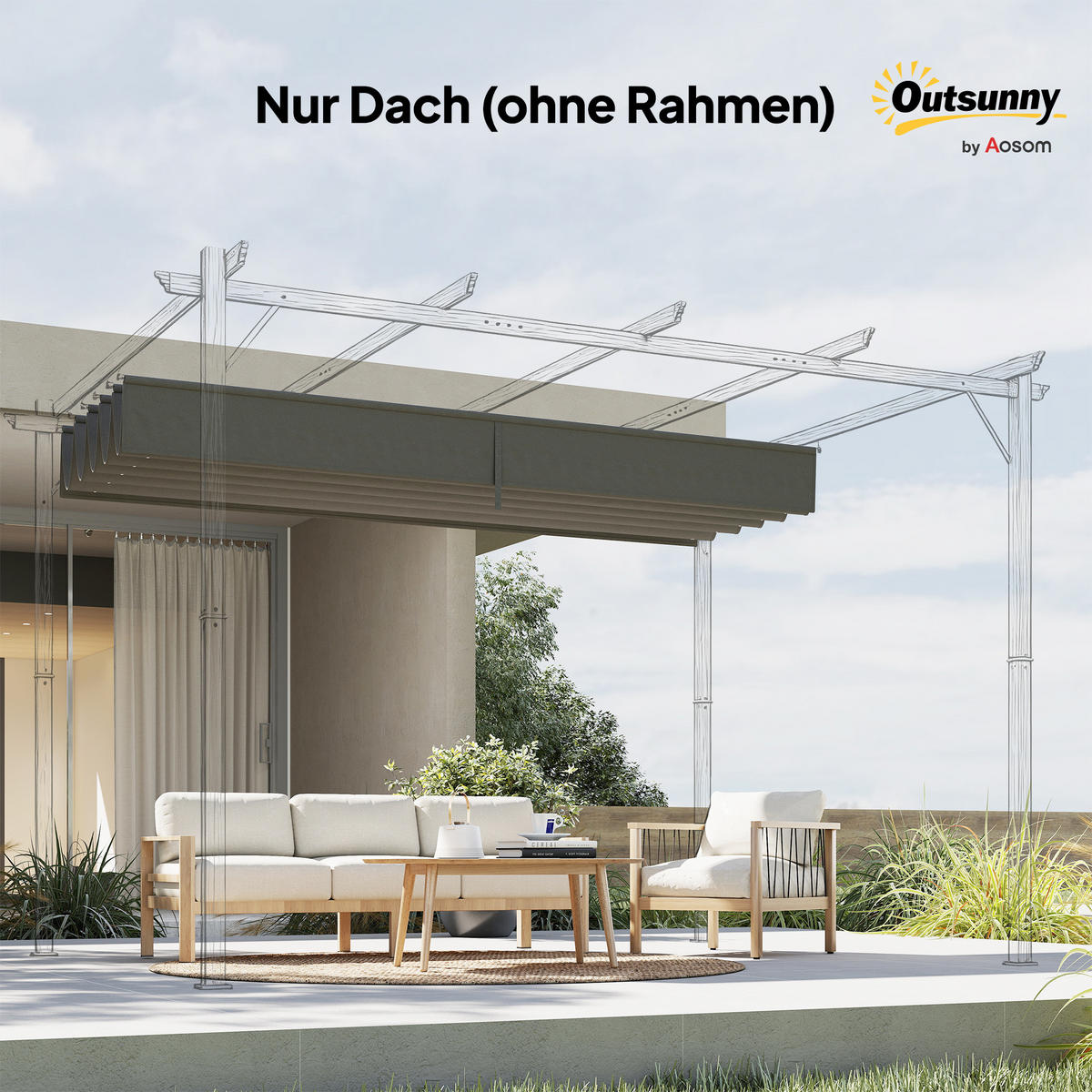 ERSATZDACH für 4 x 3 m Pergola, einziehbar, mit Regenabflusslöchern, wetterfest, Polyester, Hellgrau - Hellgrau, Textil (350/6/260cm)