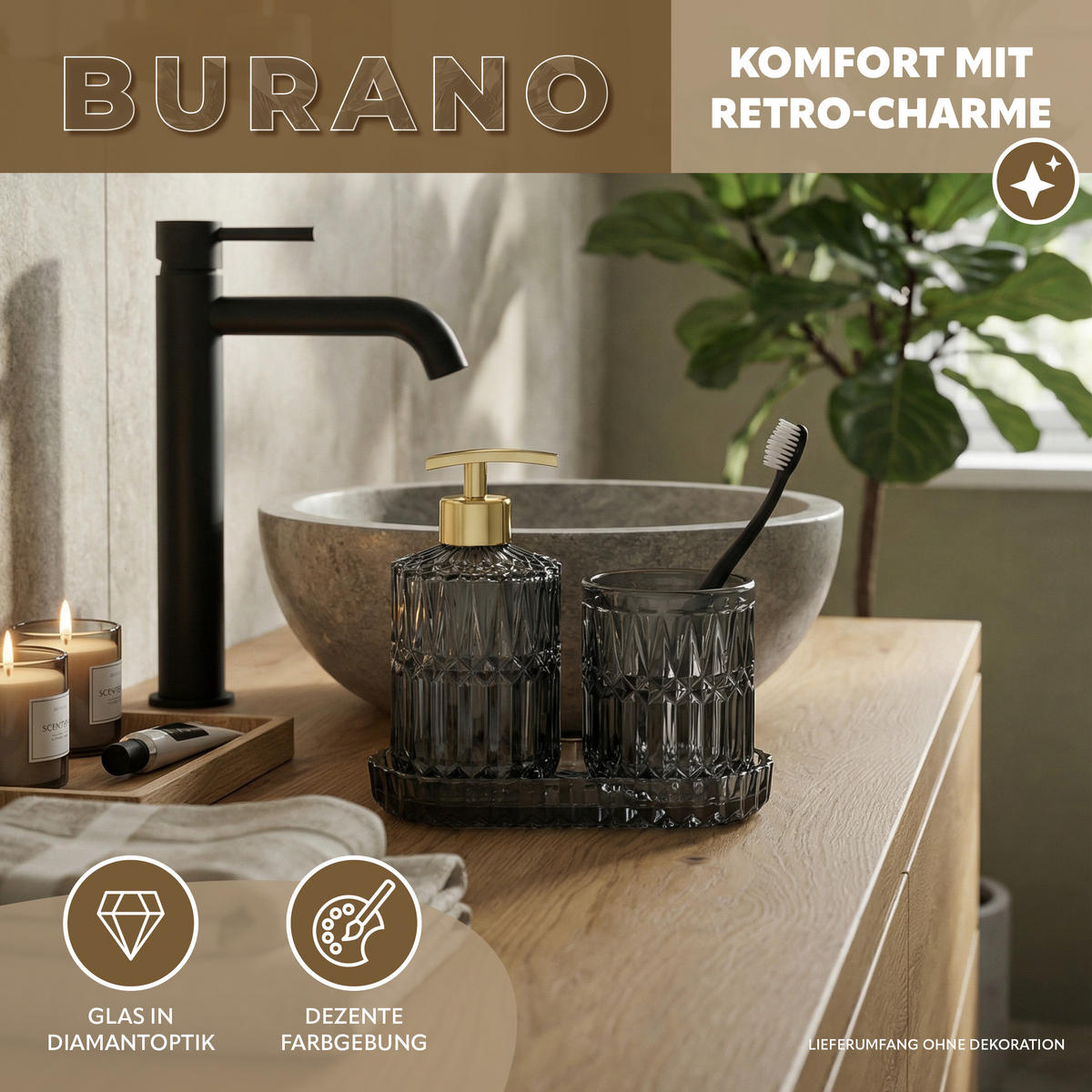 BADEZIMMER-SET BURANO 3tlg. schwarz, Glas - Schwarz, Glas (18.5/2.5/10cm) - eluno
