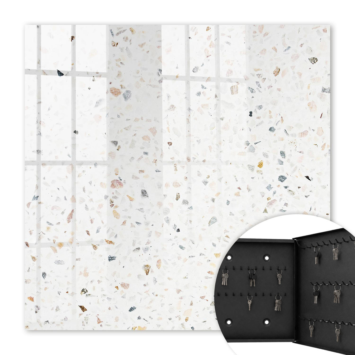 SCHLÜSSELBOX Schwarz 30x30 cm- Türöffnung nach rechts - Heller Terrazzo - Weiß, Metall (30/30/5cm) - TULUP