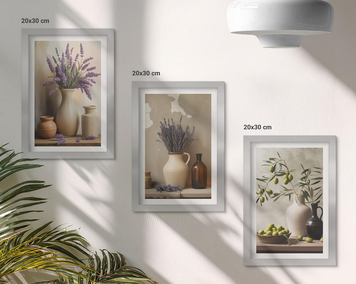 WANDBILDER 3er Set - 20x30 cm Silberner Rahmen - Blumen in Vasen, Oliven, Dekorationen - Silberfarben, Kunststoff (20/30cm) - ArtPrintCave