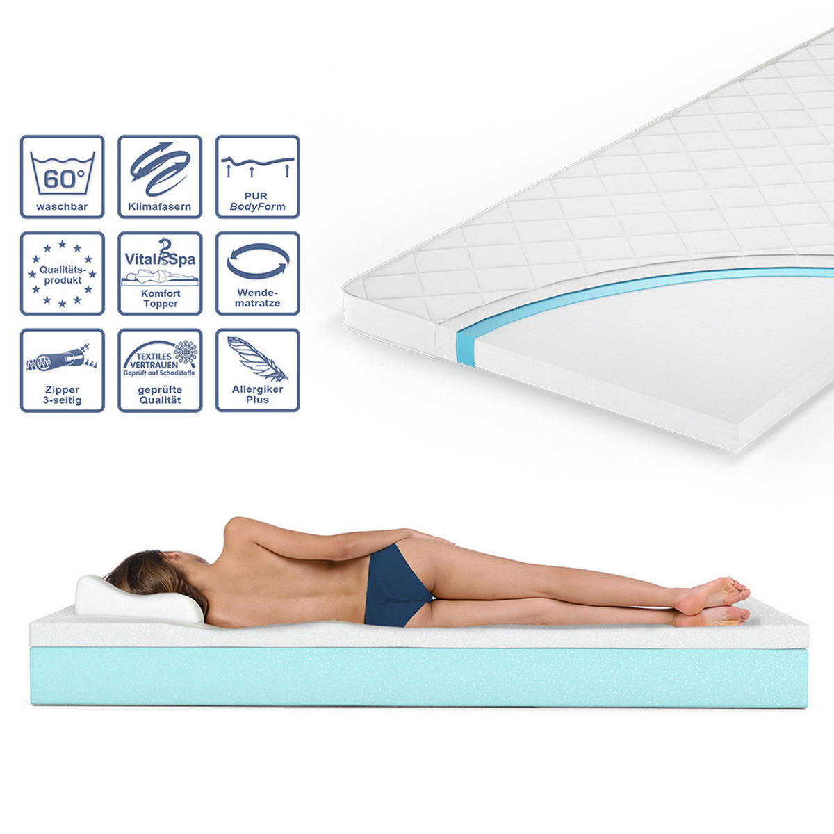 MATRATZENSCHONER Weiß 90 x 200 cm Pur 340 Topper - Weiß, Textil - VitaliSpa