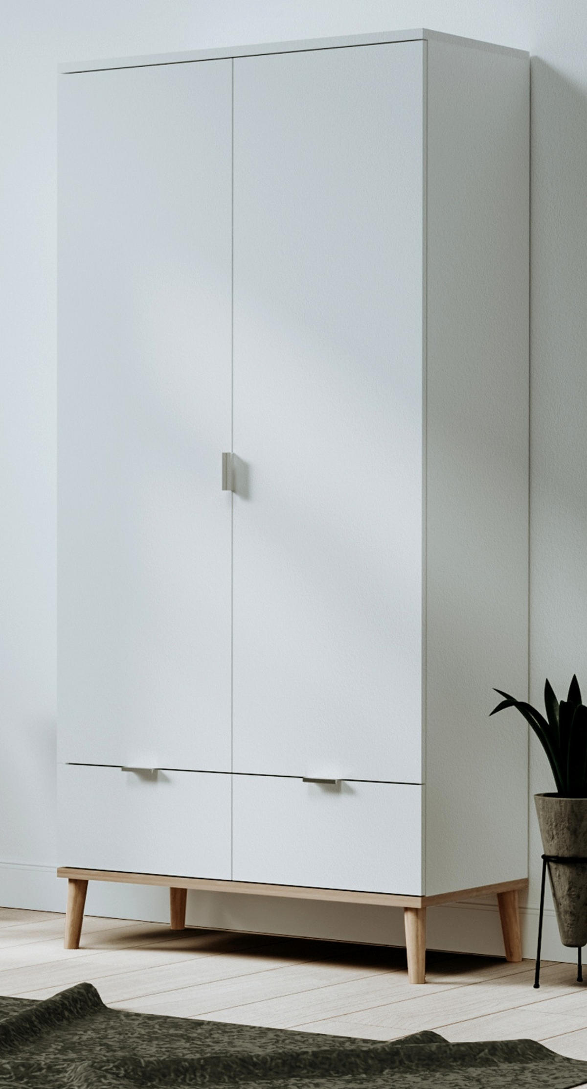 KLEIDERSCHRANK weiß matt, Eiche Sonoma massiv 90 x 180 cm, Drehtürenschrank skandinavisch - Chromfarben/Eichefarben, Holz/Holzwerkstoff (90/180/55cm) - Furn.Design