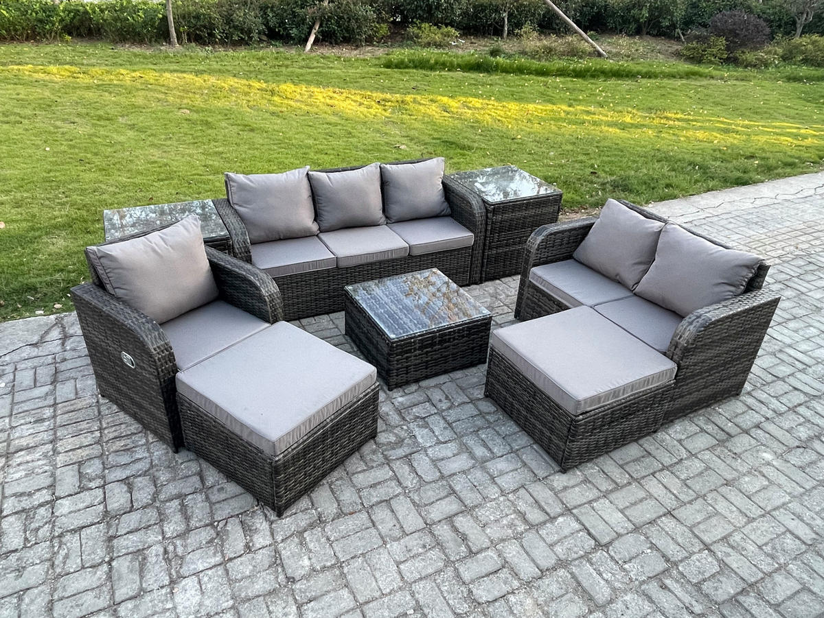 GARTENTISCHGRUPPE Polyrattan Dunkelgrau 8-teilige - Dunkelgrau/Grau, Glas/Kunststoff - Fimous