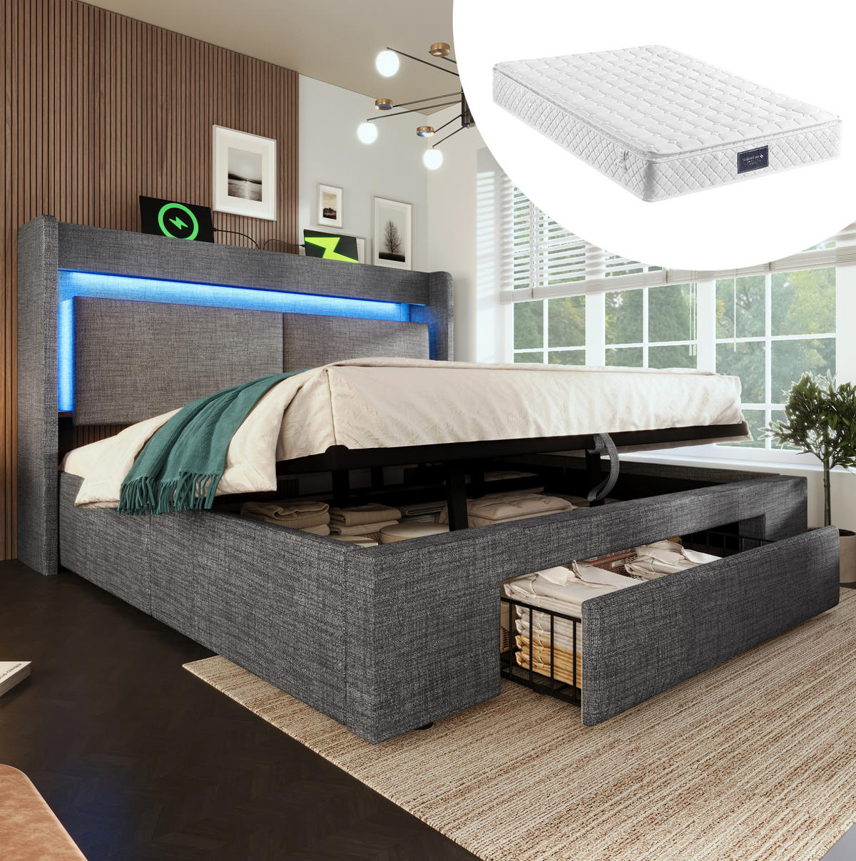 BETT mit Stauraum 140x200 cm Leinen Grau inklusive Matratze - Grau, Metall (140/200cm) - Meubliv