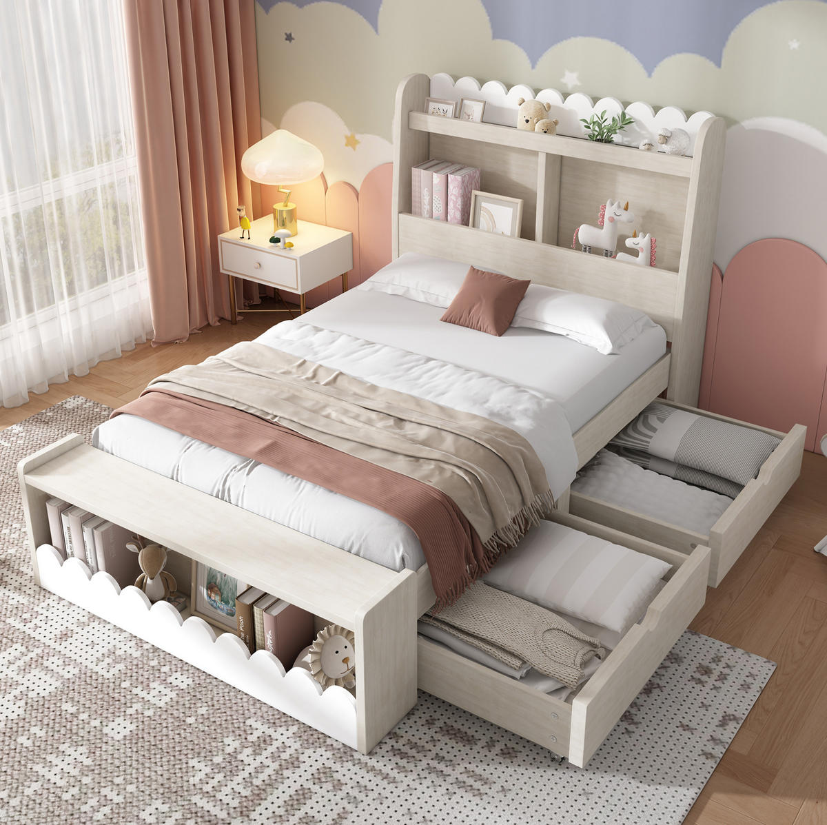 KINDERBETT 90/200 cm mit Schubladen, Regal, Sitzbank und Lattenrost - Weiß, Holzwerkstoff (90/200cm) - BEAOK