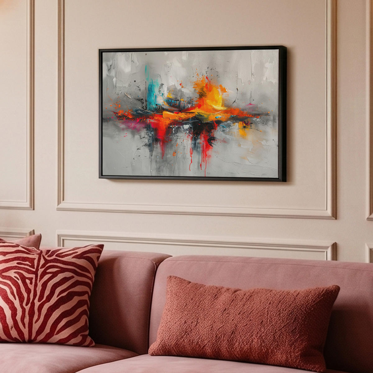 LEINWAND Bilder mit Rahmen - Moderne Kunst - Orange - Grau - Abstrakt - 60x40 - Hellgrau, Textil (60/40cm) - MuchoWow