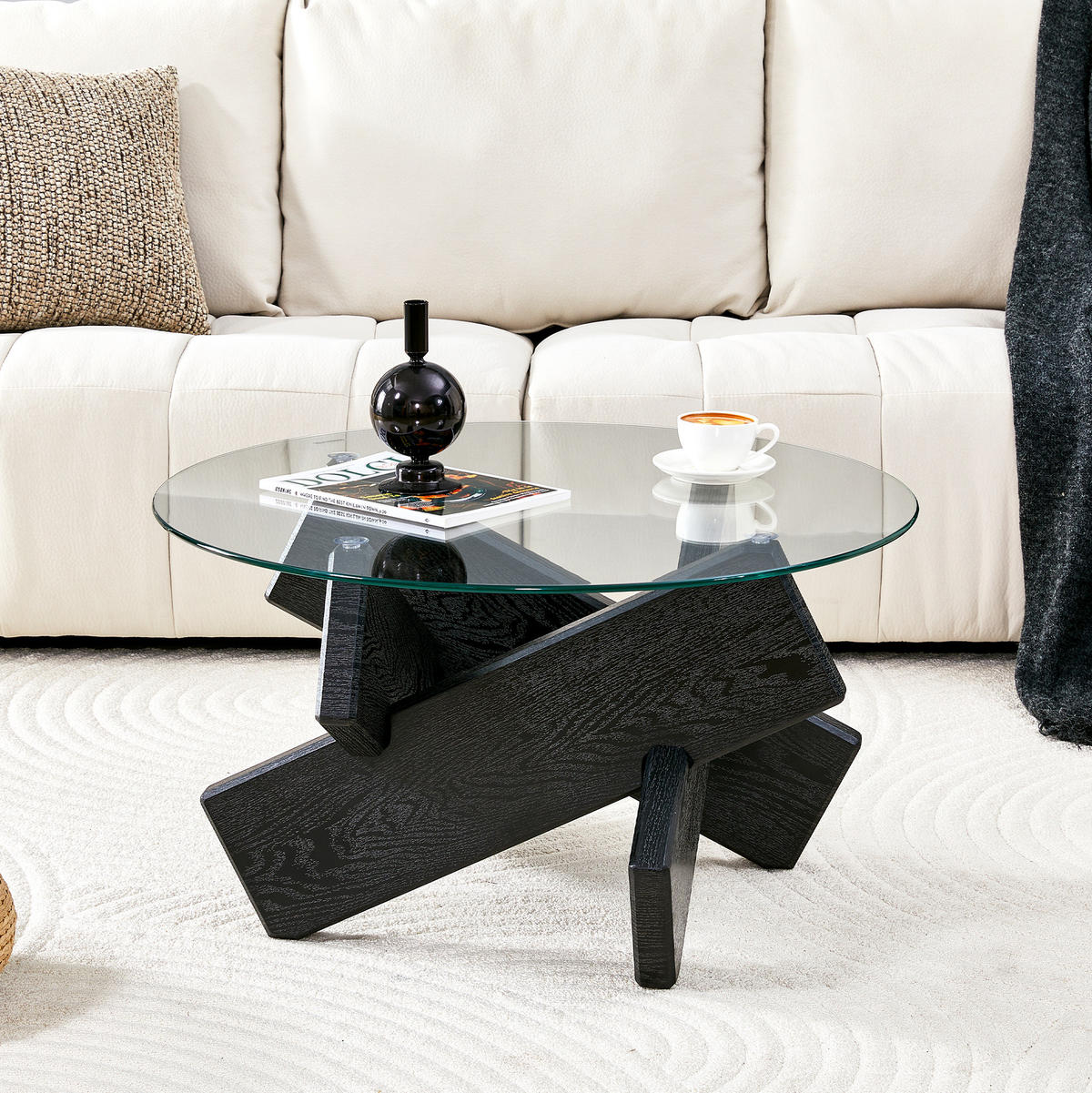 COUCHTISCH 79/45 cm aus MDF und Glas mit Kreuzgestell in Schwarz/Transparent - Schwarz, Holzwerkstoff (79/79/45cm) - Flora Grace
