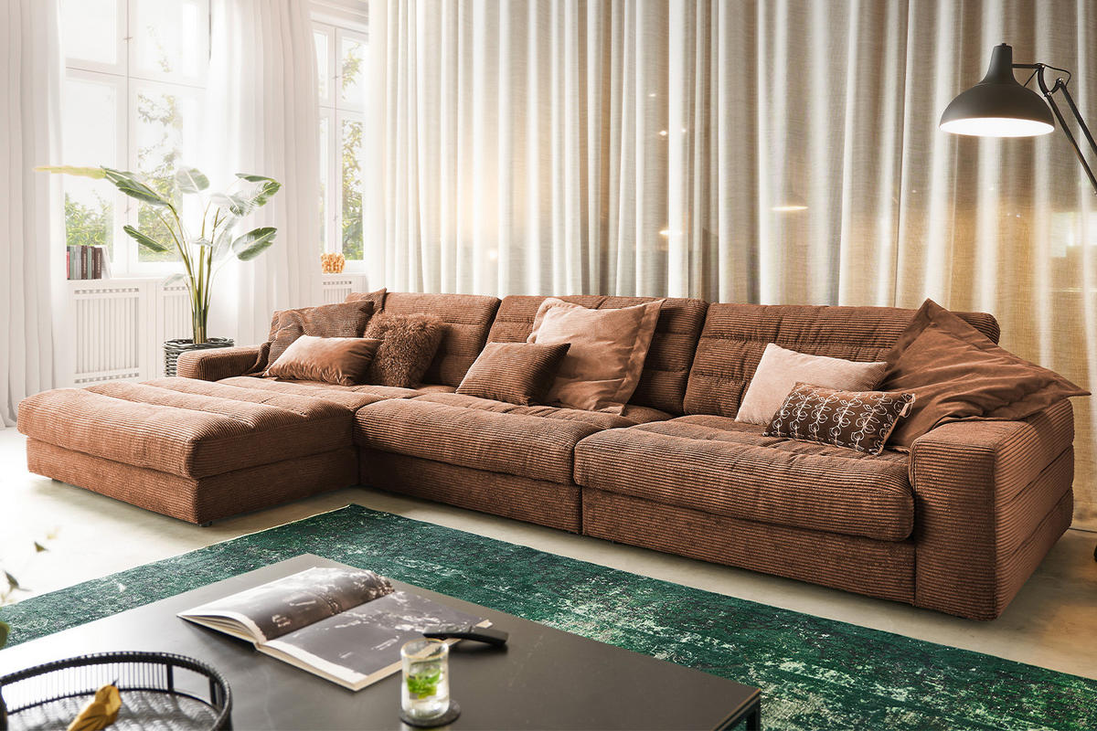 ECKSOFA XL LANA Braun Cord - Dunkelbraun/Schwarz, Textil (416/205cm) - KAWOLA