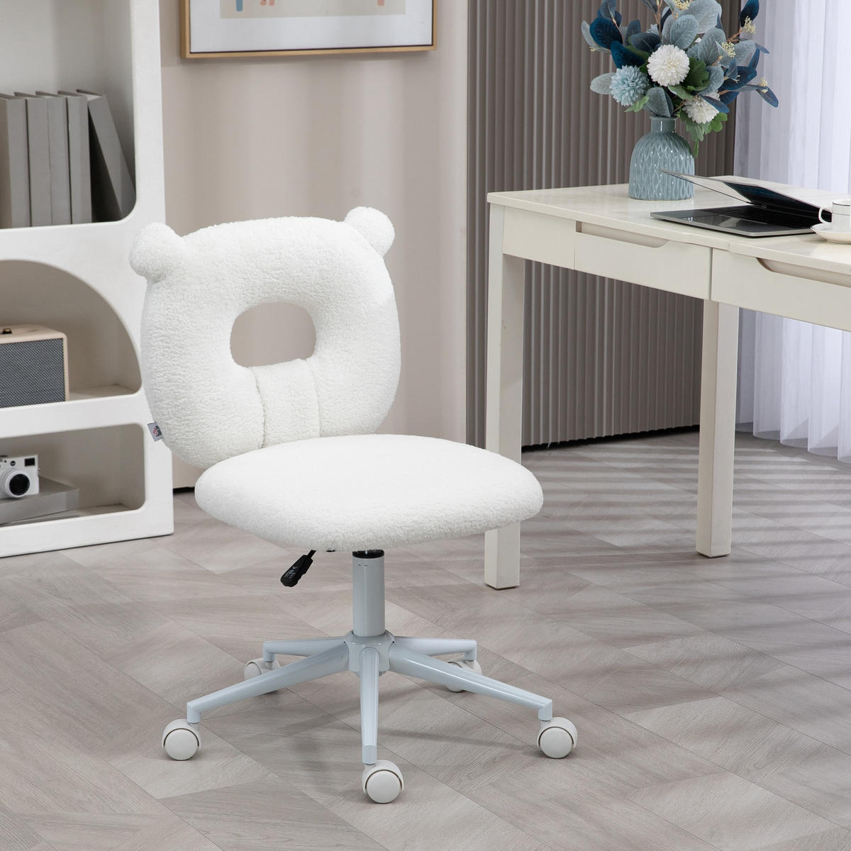 BÜROSTUHL Höhenverstellbarer Schreibtischstuhl Teddy-Vlies Drehstuhl Weiß - Weiß, Kunststoff (56/90/50cm) - HOMCOM