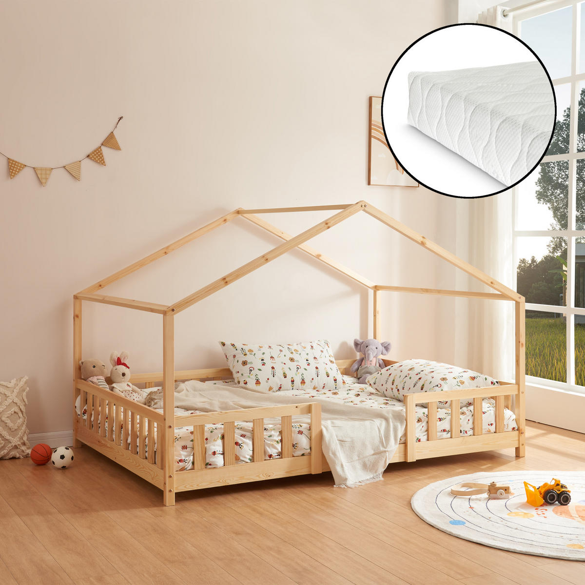 HAUSBETT Treviolo mit Matratze - Naturfarben, Holz/Textil (120/200cm) - [en.casa]