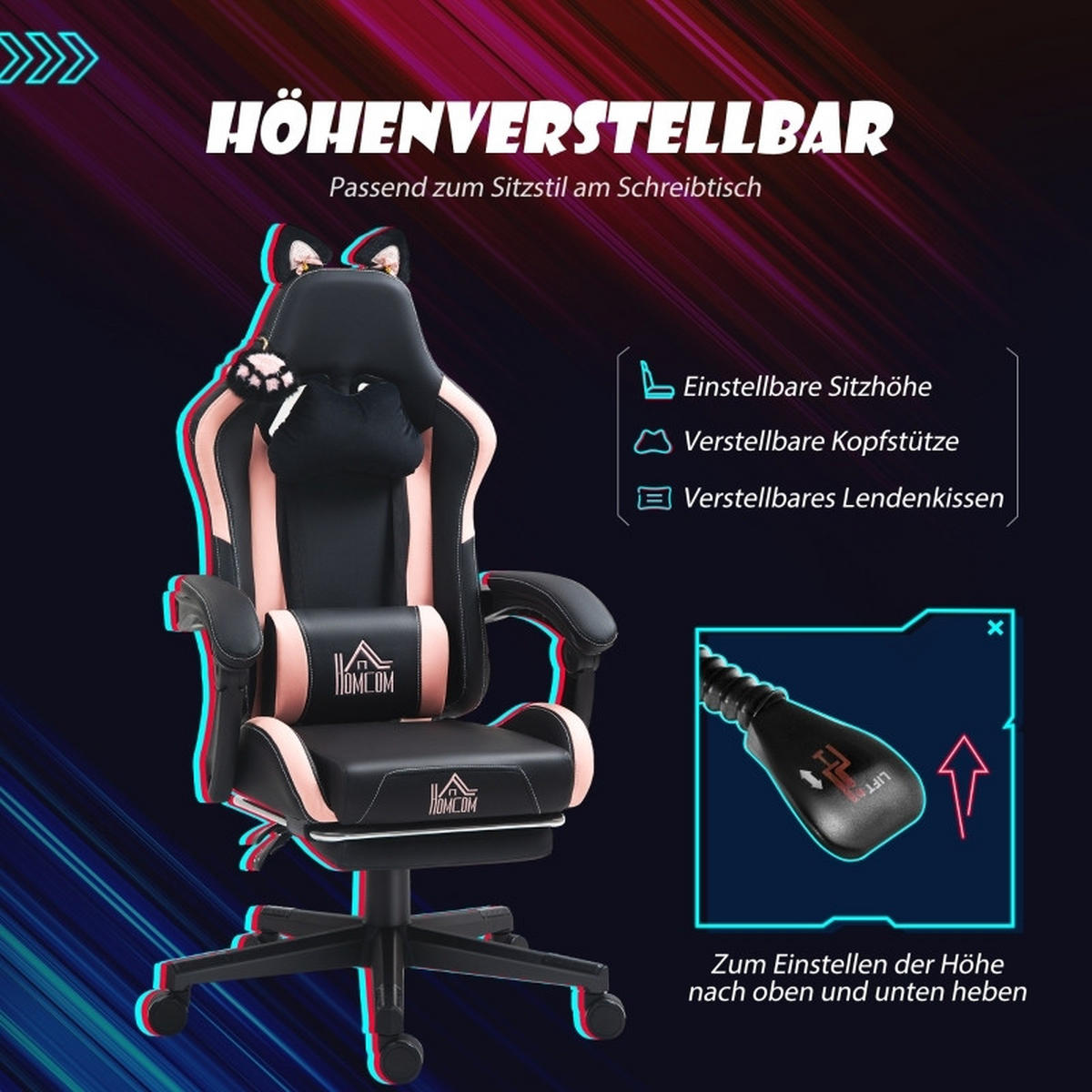 GAMING Stuhl mit Katzenohren, Lendenwirbelstütze, Fußstütze, Kopfkissen, höhenverstellbar, Liegefunktion Schwarz-Rosa - Schwarz, Leder (62/116/65cm) - BRILVERDE
