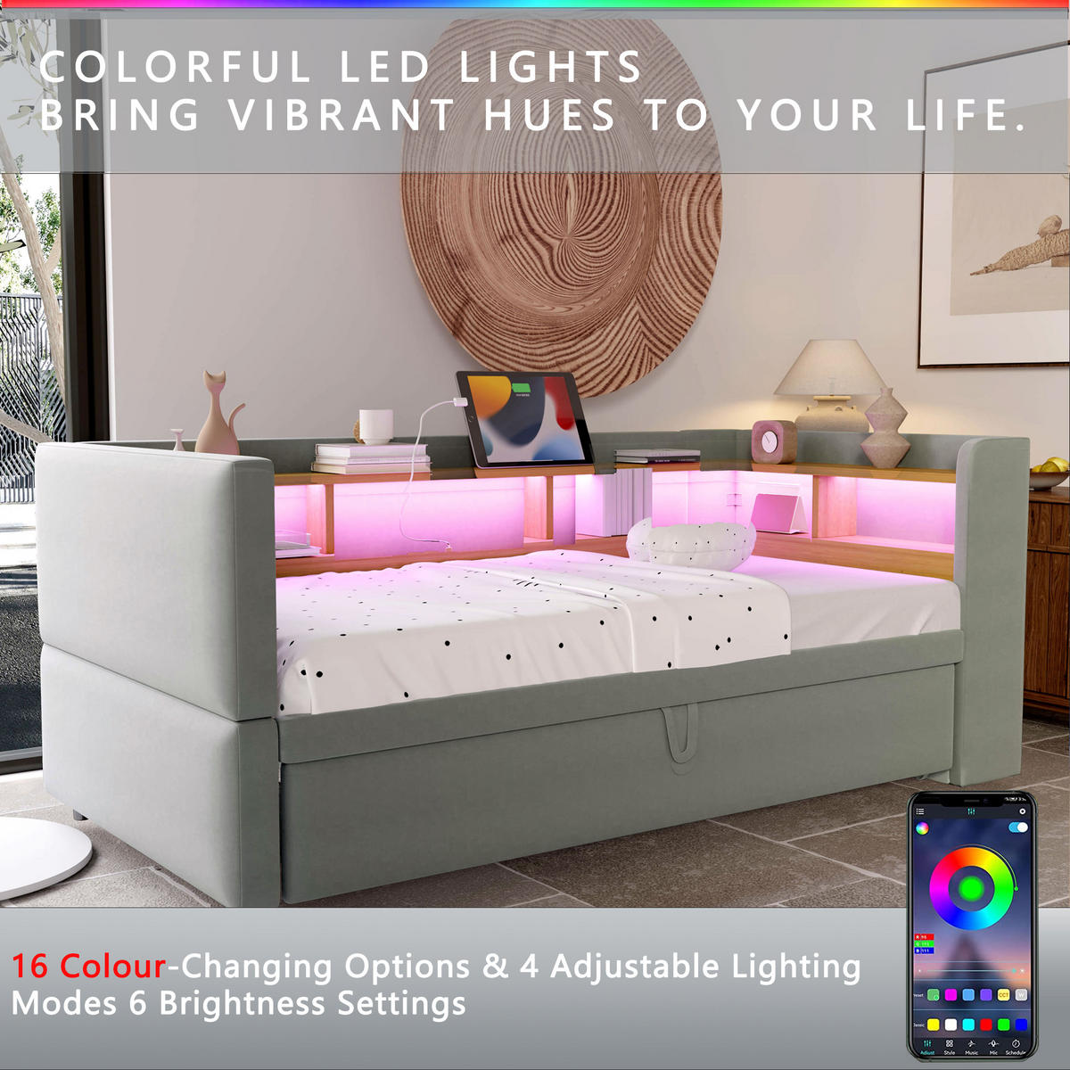 POLSTERBETT 90/180x190 cm LED USB hellgrau - Hellgrau, Textil (180/190cm) - LEBENLANG