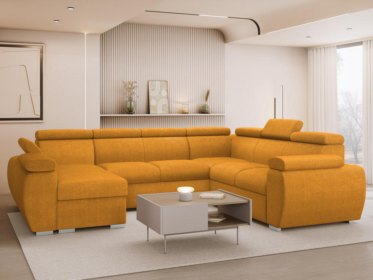 WOHNLANDSCHAFT Boston U, Seite: Links - LC+2P+R+2R - Chromfarben/Currygelb, Holz/Textil (325/98/260cm) - MIRJAN24