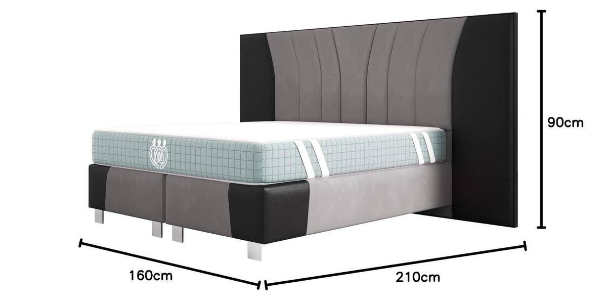 BOXSPRINGBETT IMPERIAL 200x200 cm, Aus Leder und Velvet Bezug, Schwarz Leder + Silbergrau - Silberfarben, Leder/Holz (200/200cm) - Trada