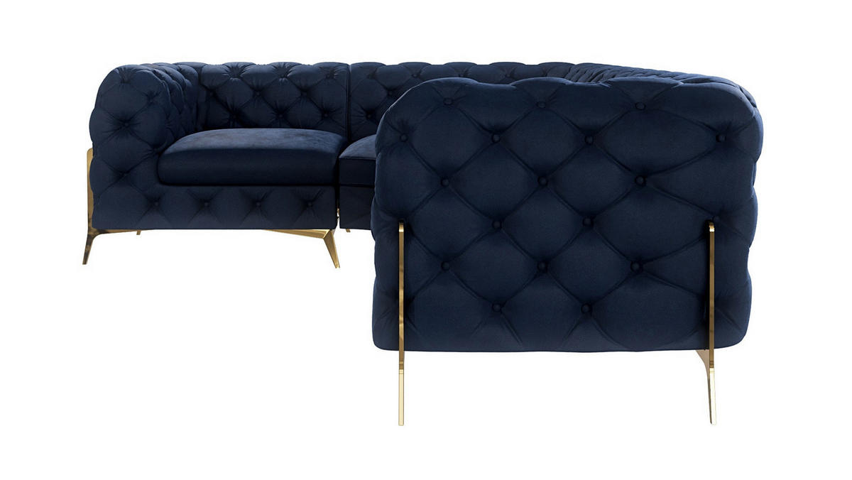 ECKSOFA Chesterfield Lexi Marineblau Samt, Ottomane links - Goldfarben/Dunkelblau, Holz/Textil (264/204cm) - S-Style Möbel