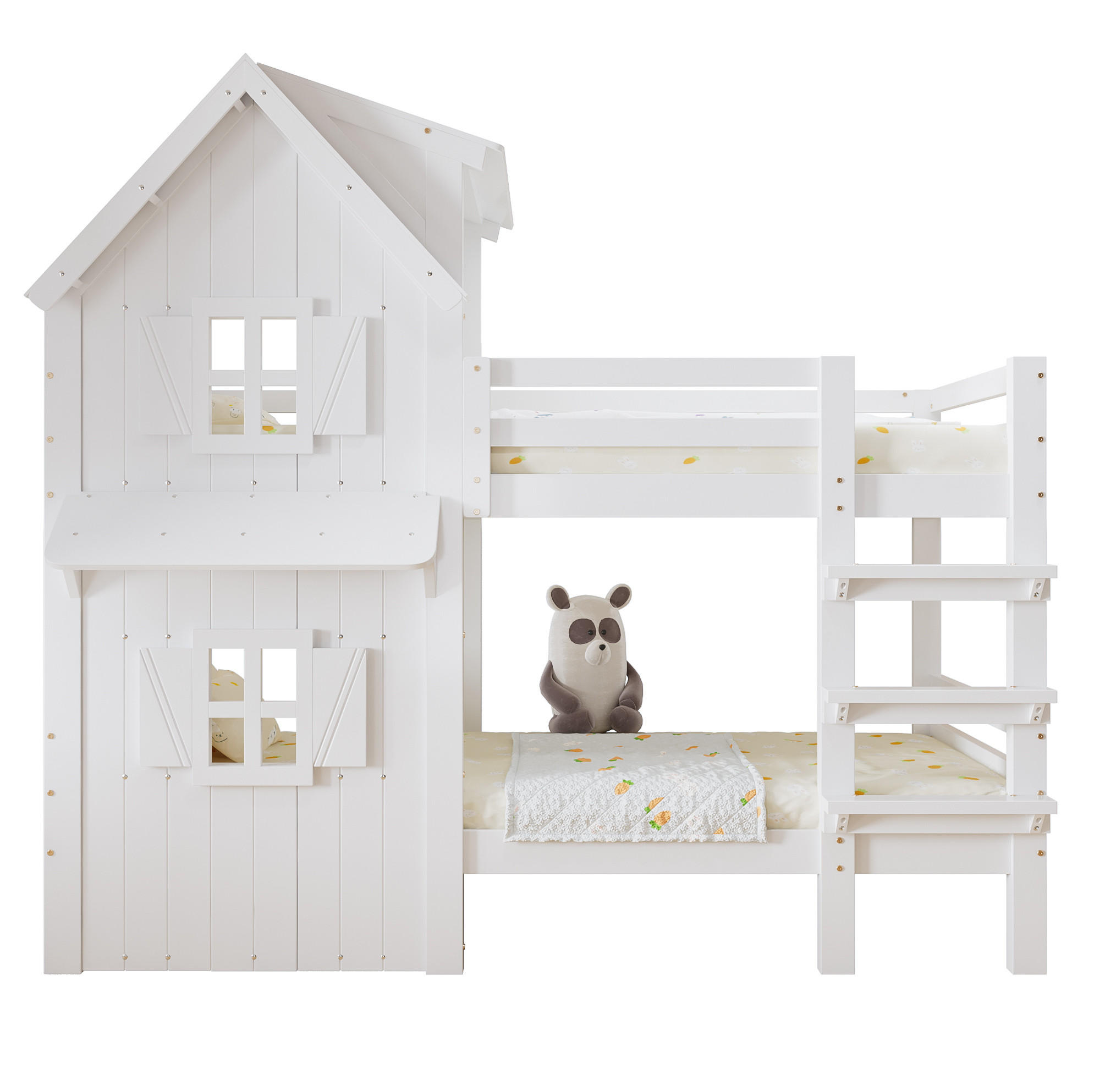ETAGENBETT 90/200 cm, Weiß mit Dach, Fenstern und Sicherheitsgeländer - Weiß, Holzwerkstoff (90/200cm) - MIVRAY