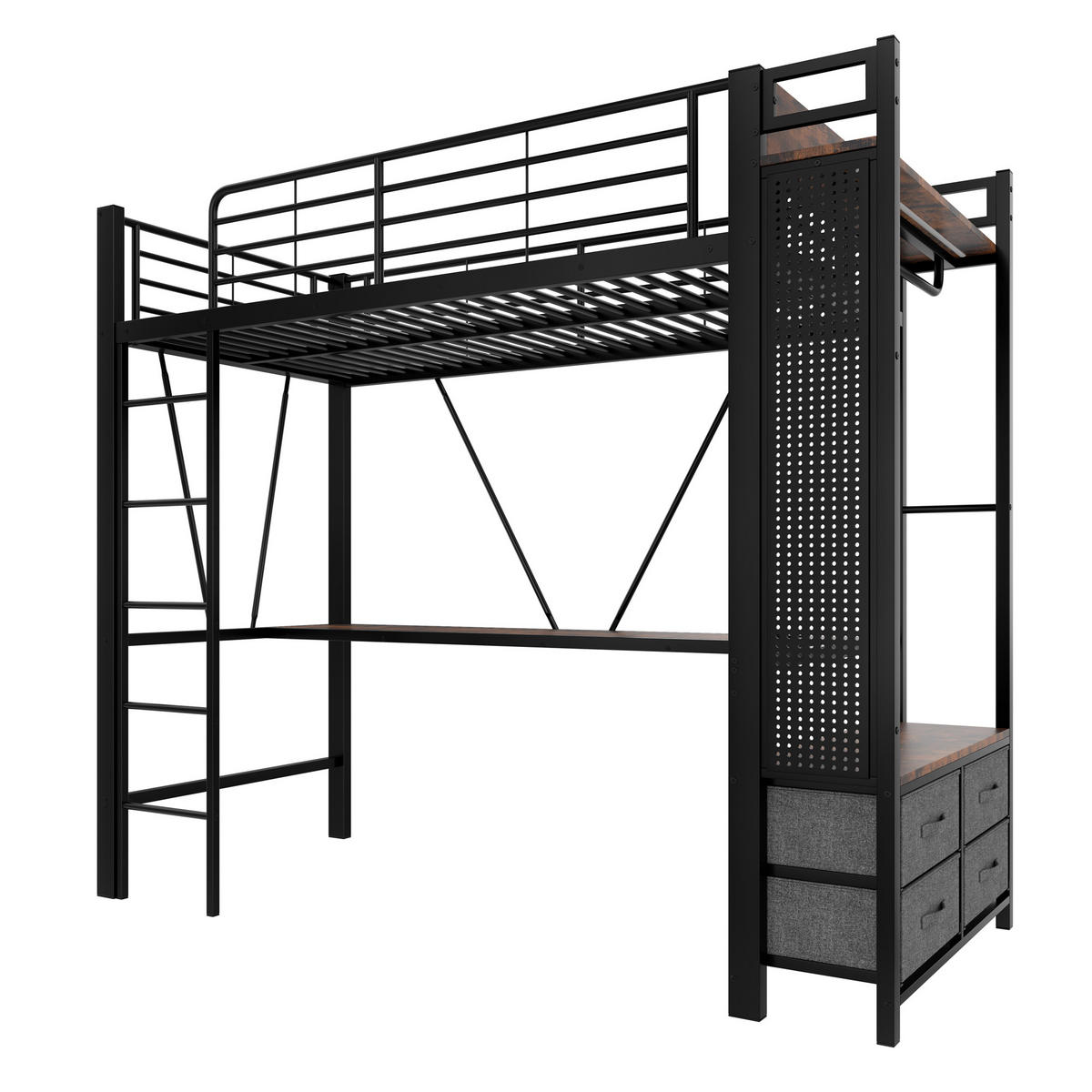 HOCHBETT 90x200cm Schwarz Metall Schreibtisch Trockenstab 4 Schubladen USB-C - Schwarz, Metall (90/200cm) - FLIEKS