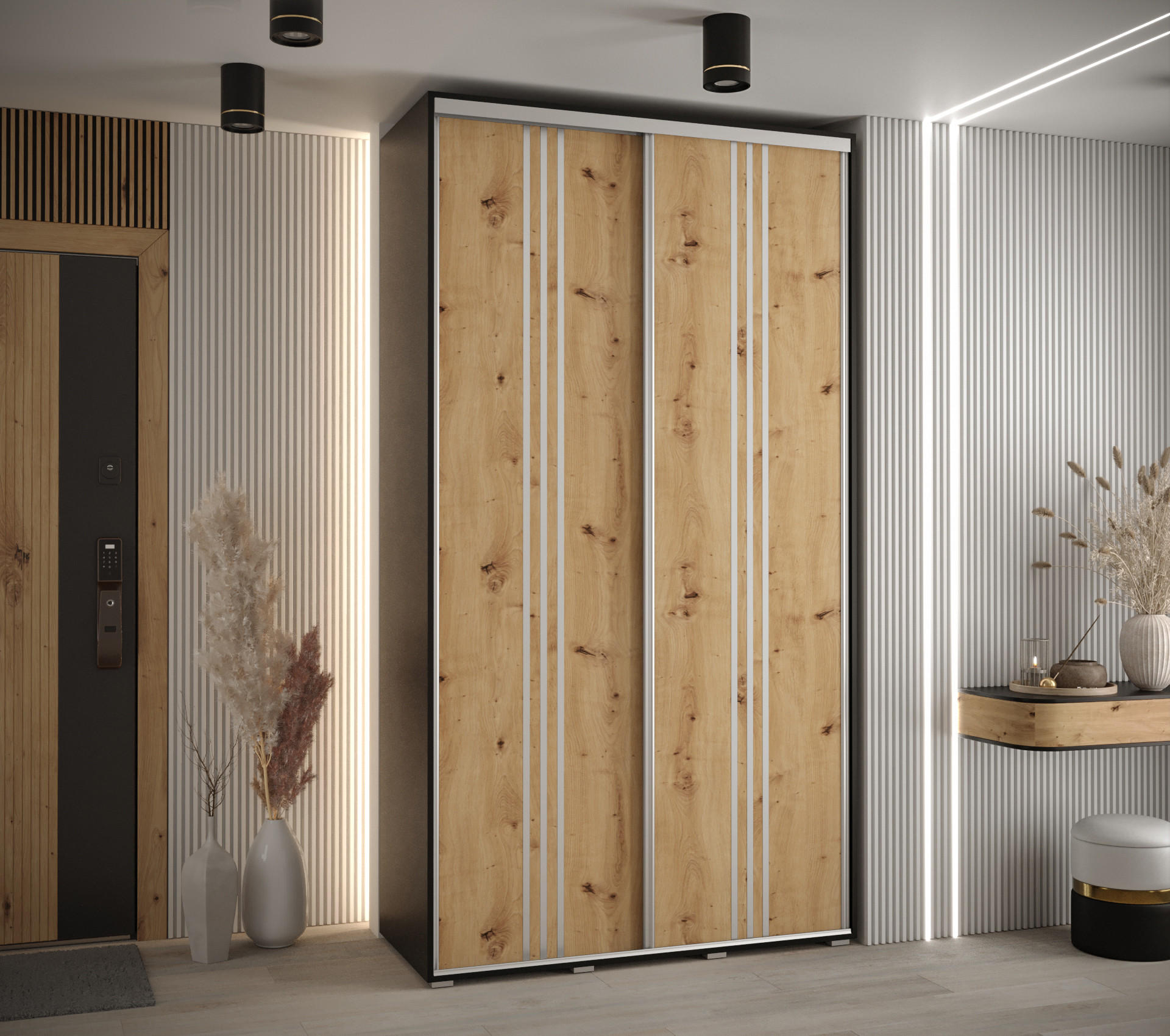 SCHWEBETÜRENSCHRANK 235,2/130/45 2-türig - Silberfarben/Schwarz, Holz/Metall (130/235/45cm) - Abiks Möbel