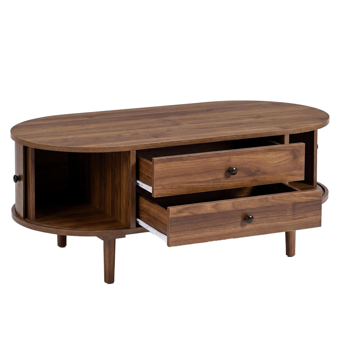 COUCHTISCH Oval Leisten Schiebetüren 2 Schubladen MDF - Walnussfarben, Holzwerkstoff (100/50/40cm) - FLIEKS