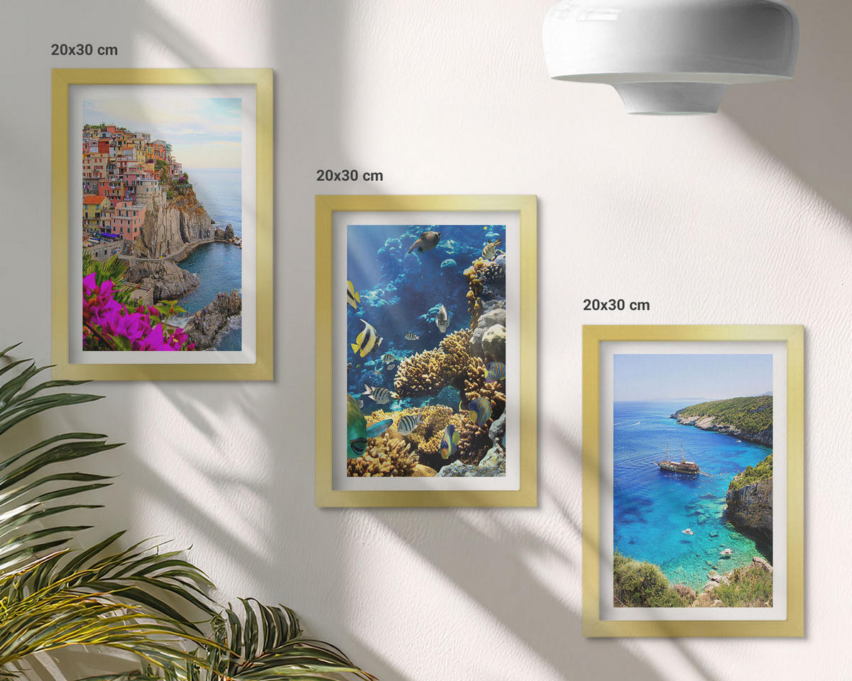 WANDBILDER 3er Set - 20x30 cm Goldrahmen - Meerblick, farbenfrohe Häuser - Goldfarben, Kunststoff (20/30cm) - ArtPrintCave