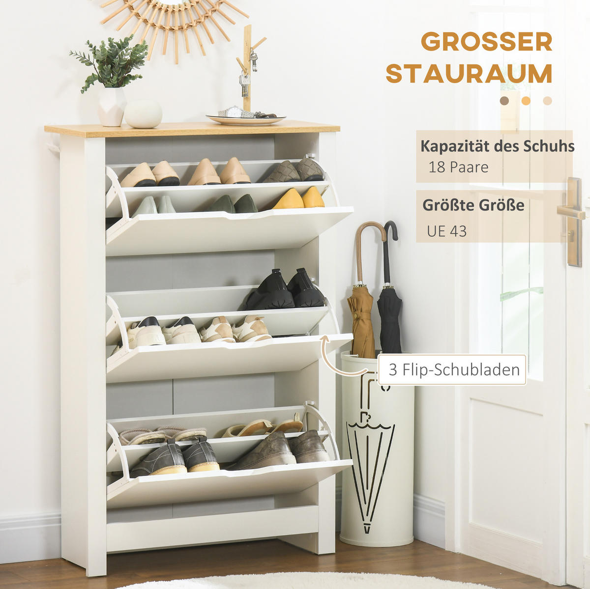 SCHUHSCHRANK 72/26/112 cm in Weiß mit 3 Klappen und Ablage - Weiß, Holzwerkstoff (72/112/26cm) - Flora Grace