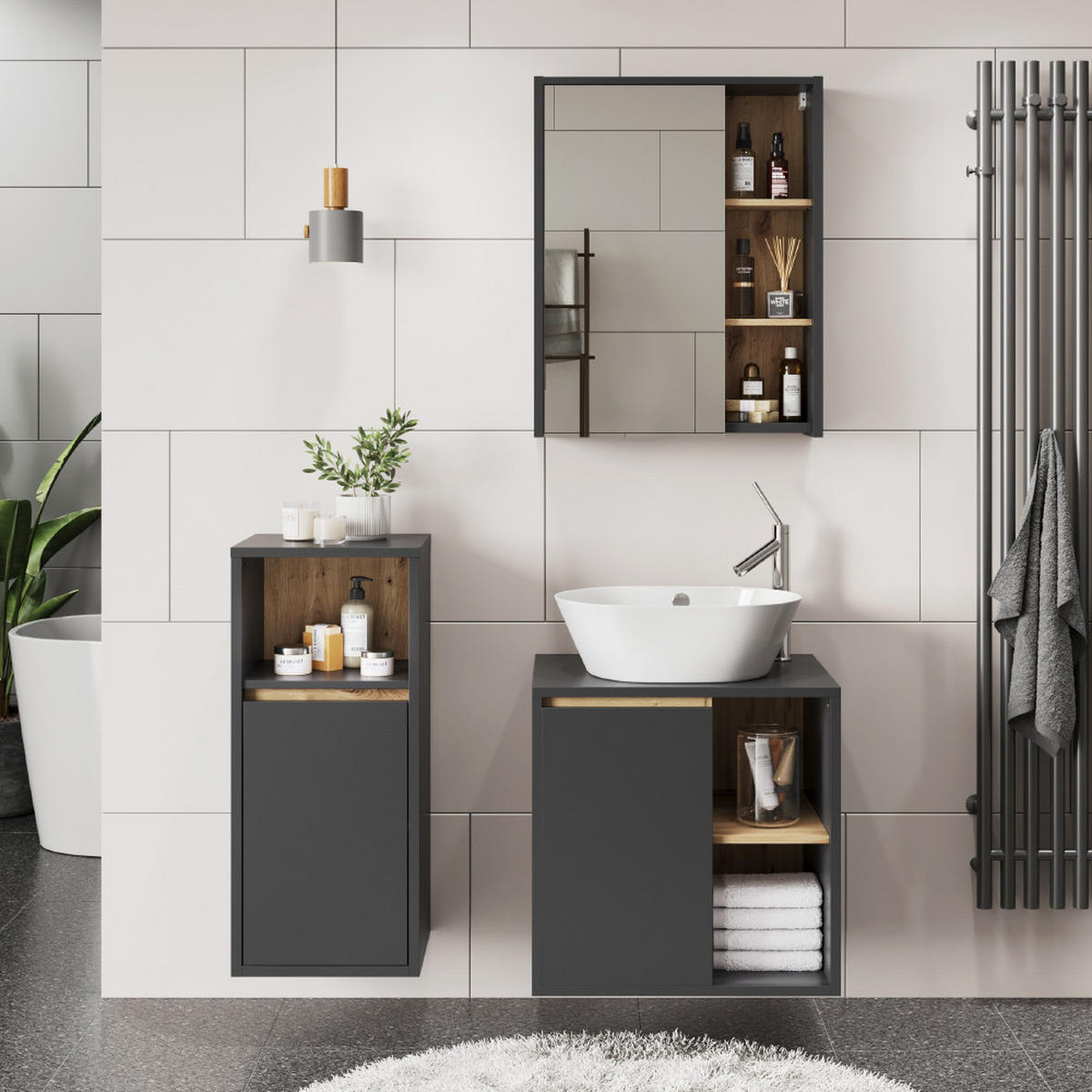 KOUPELNOVÁ SESTAVA NÁBYTKU Viola Grey/Artisan - šedá/dub artisan, kompozitní dřevo (60/60/45.5cm) - Vicco