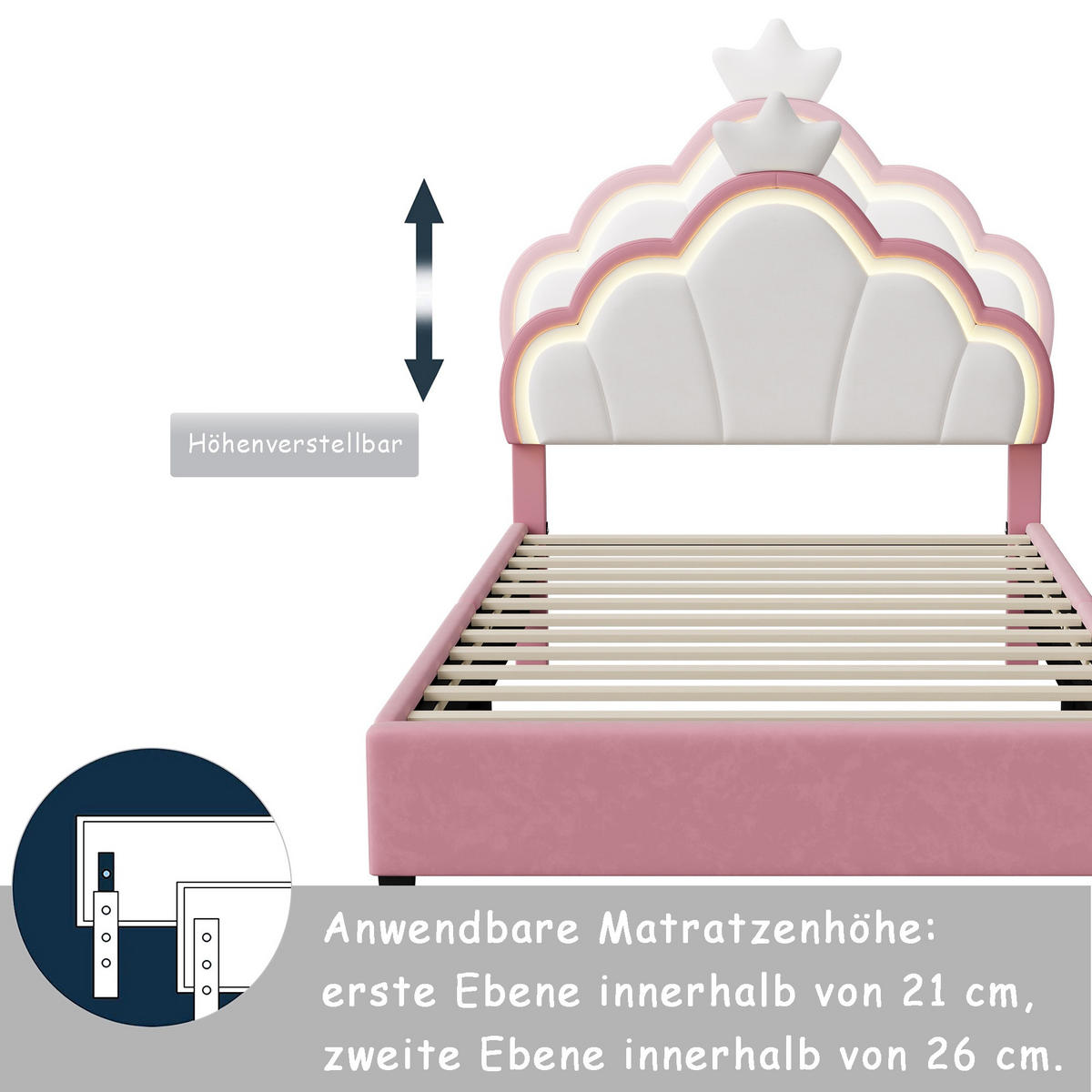 POLSTERBETT Kinderbett 90x200cm Kronen-Design LED-Beleuchtung Samt Rosa & Weiß - Rosa, Textil (90/200cm) - DELFA