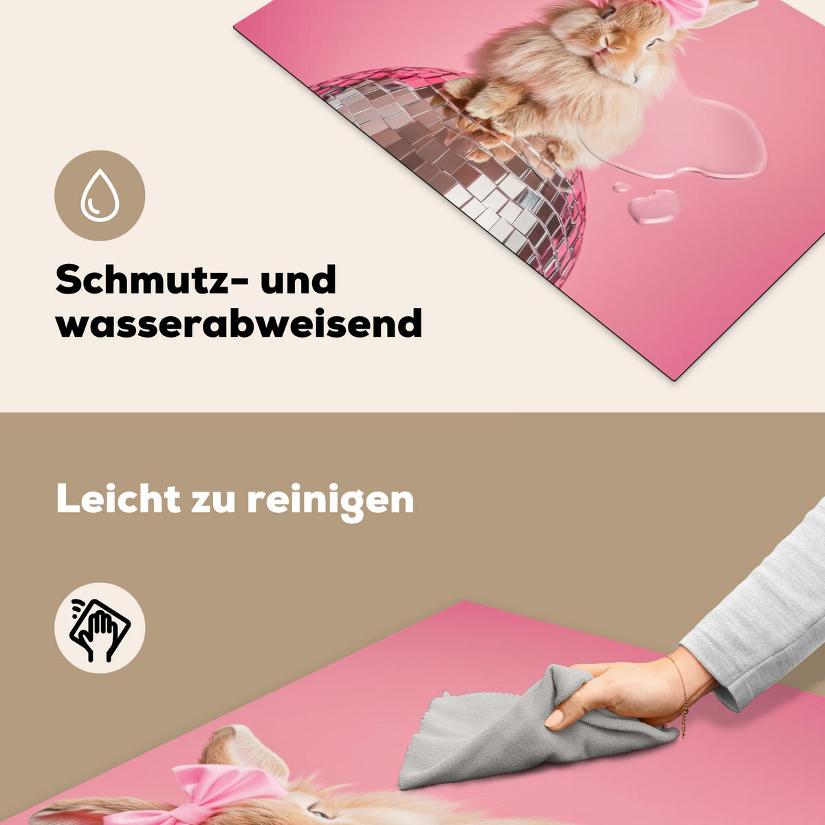 HERDABDECKPLATTE Schleife - Discoball - Kaninchen Ceranfeldabdeckung 80x52 cm - Pink, Kunststoff (80/52/0.2cm) - MuchoWow