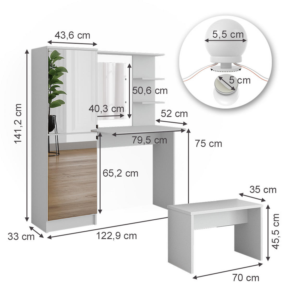 FRISIERKOMMODE Jasmin Weiß 123 cm mit LED-Beleuchtung und Bank - Weiß, Holzwerkstoff (123/141.2/33cm) - Vicco