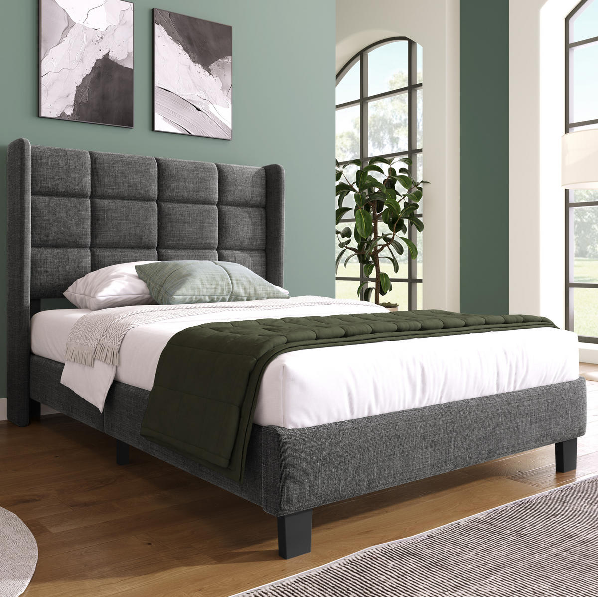 POLSTERBETT 90/200 cm mit gepolstertem Kopfteil und Lattenrost in Grau - Grau, Textil (90/200cm) - BEAOK