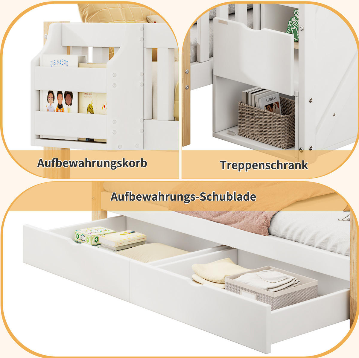 ETAGENBETT 140/200 cm Weiß-Natur mit Treppenschrank Stauraum und Schublade aus Massivholz - Weiß, Holzwerkstoff (90/200cm) - OKWISH