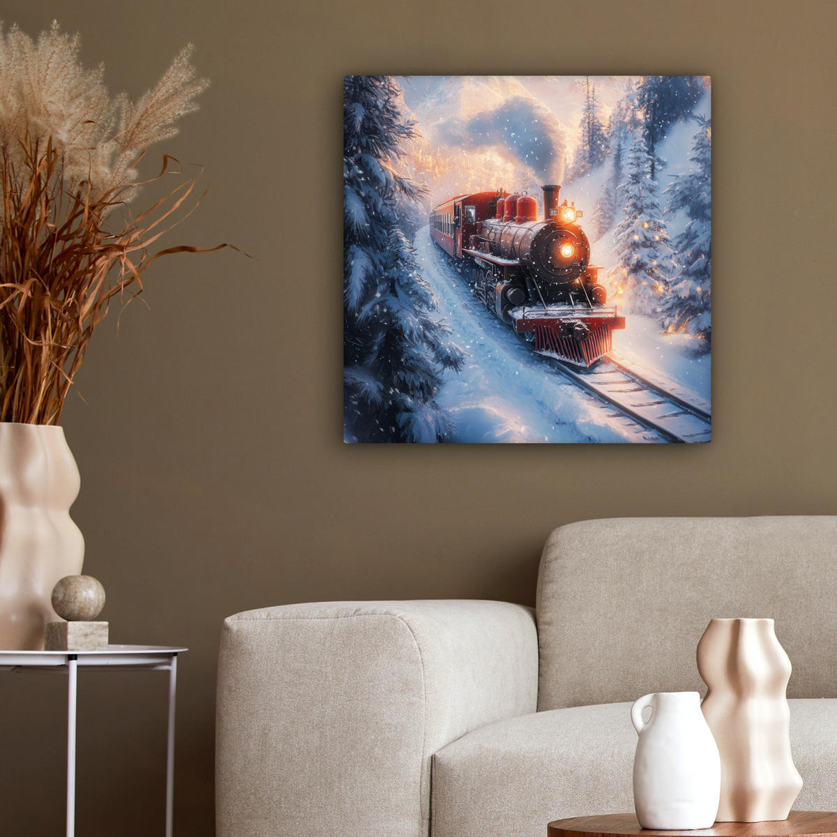 LEINWANDBILD Weihnachtszug - Schnee - Winter - Weihnachten 50x50 cm - Dunkelrot, Textil (50/50cm) - MuchoWow