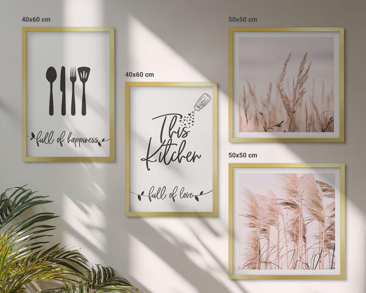BILDER SET 4er Set - 50x50 cm & 40x60 cm Goldrahmen - Boho-Küchengras-Schriftzug - Goldfarben, Kunststoff (50/50cm) - TULUP