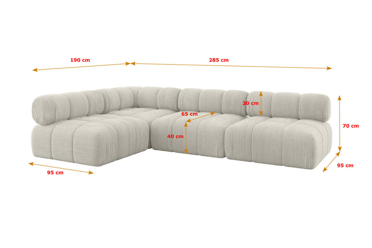 ECKSOFA modulares Sofa Samaro-L2 - 285x190x70 cm Creme Cord - Hellgrau/Creme, Holzwerkstoff/Textil (285/190cm) - ALTDECOR