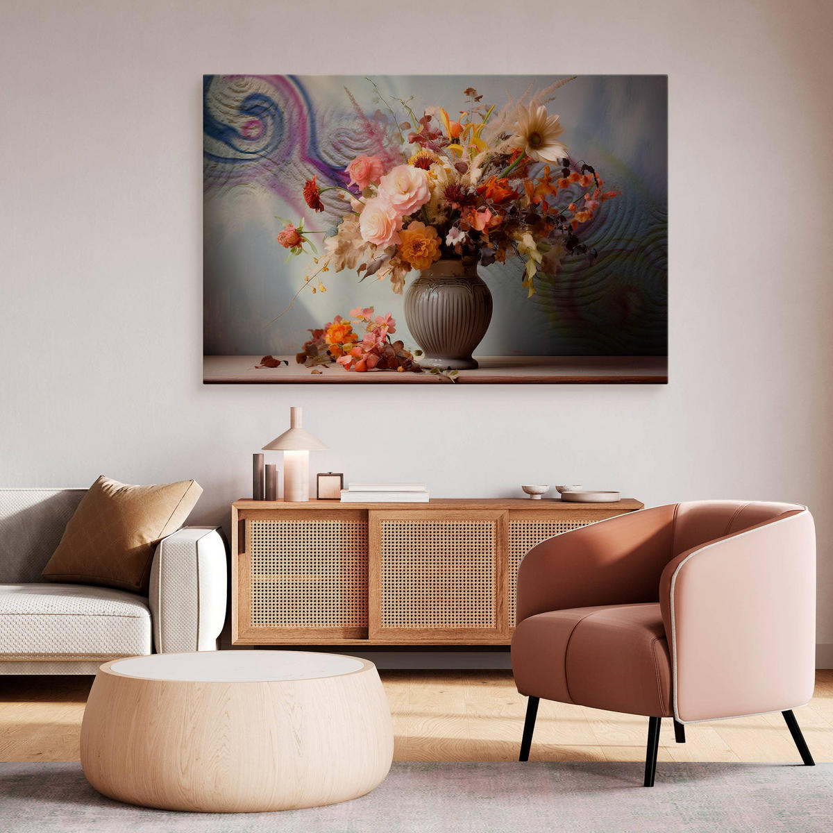 LEINWANDBILD für Wohnzimmer Ornamenten Blumenstrauß in Vase 30cm x 20cm - Blau/Beige, Textil (30/20cm) - Muralo