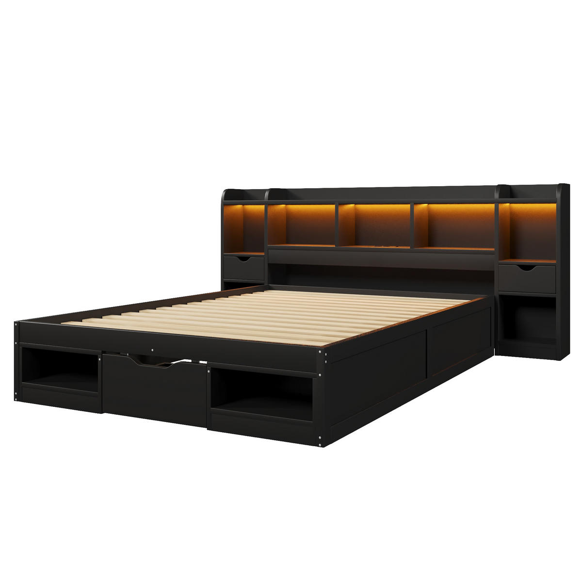 STAURAUMBETT 140 x 200 cm, Kopf- und Fußteil mit Stauraum, Schwarz - Schwarz, Holz (140/200cm) - KOMHTOM