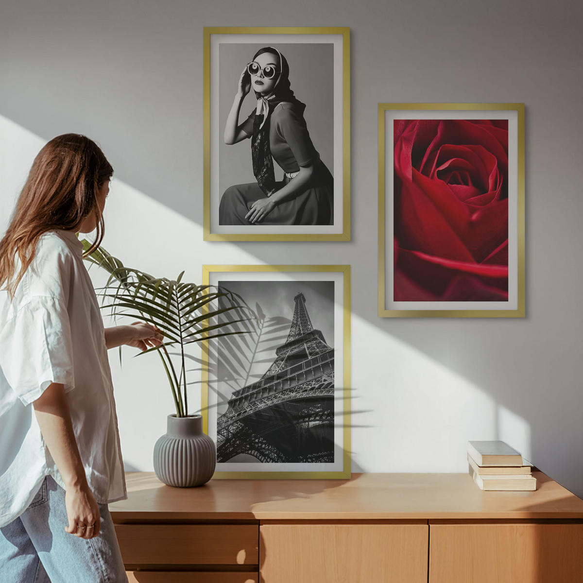 BILDER SET 3er Set - 40x60 cm Goldrahmen - Pariserin mit Eiffelturmbrille - Goldfarben, Kunststoff (40/60cm) - TULUP