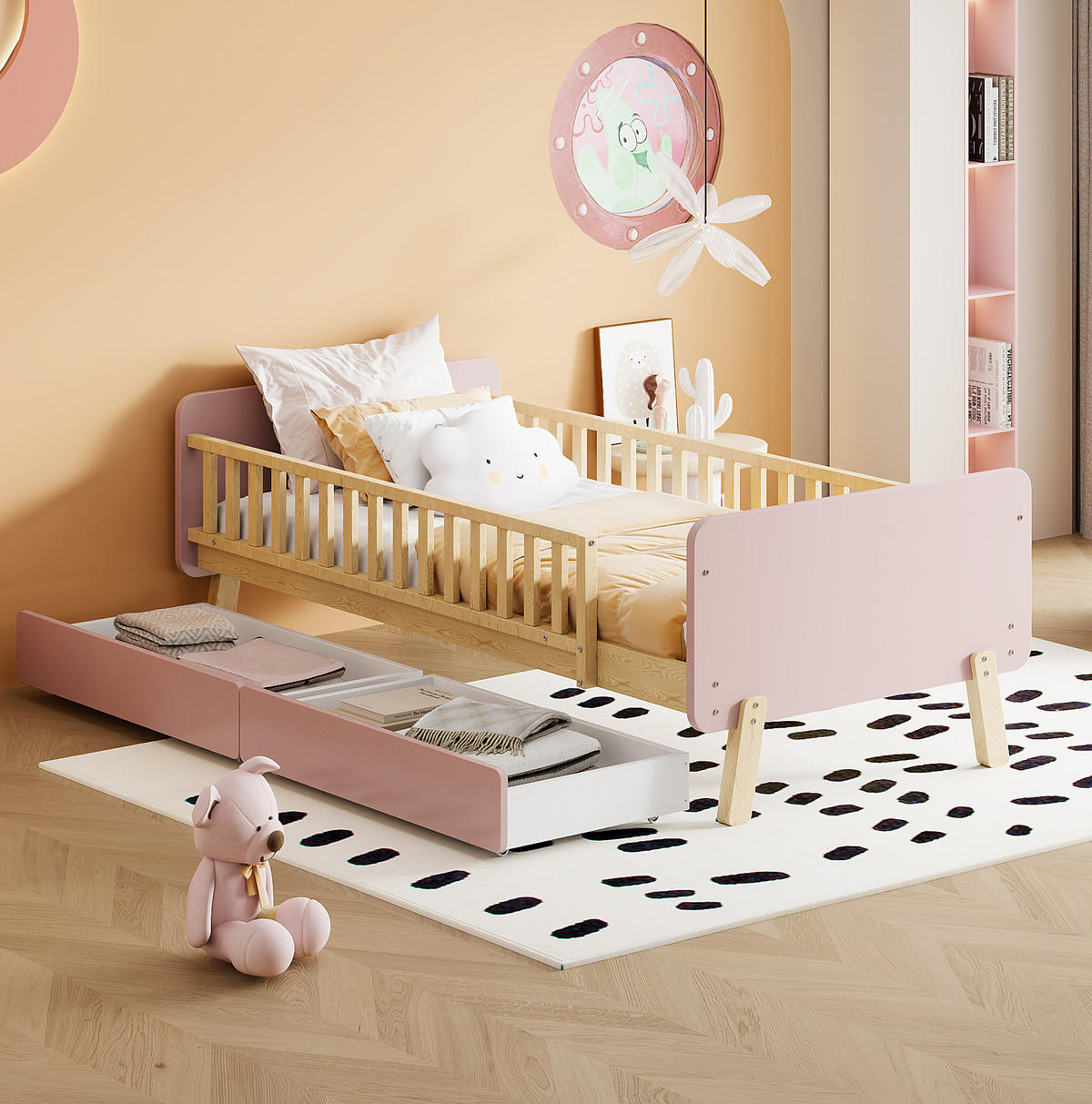 KINDEREINZELBETTEN aus Massivholz 90x190 cm in Rosa mit 2 Schubladen - Rosa, Holz (90/190cm) - Modfu