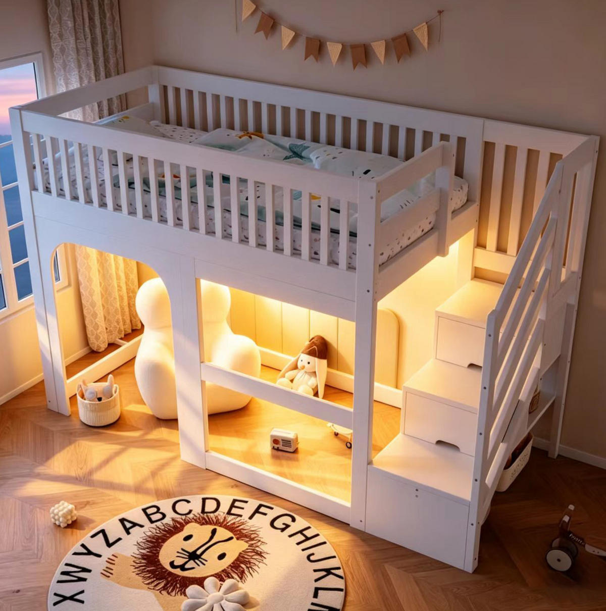 HOCHBETT aus Kiefernholz, Sperrholz und MDF 90x200 cm Weiß mit Stauraumtreppe, LED-Beleuchtung und Sicherheitsgeländern - Weiß, Holz (90/200cm) - Modfu