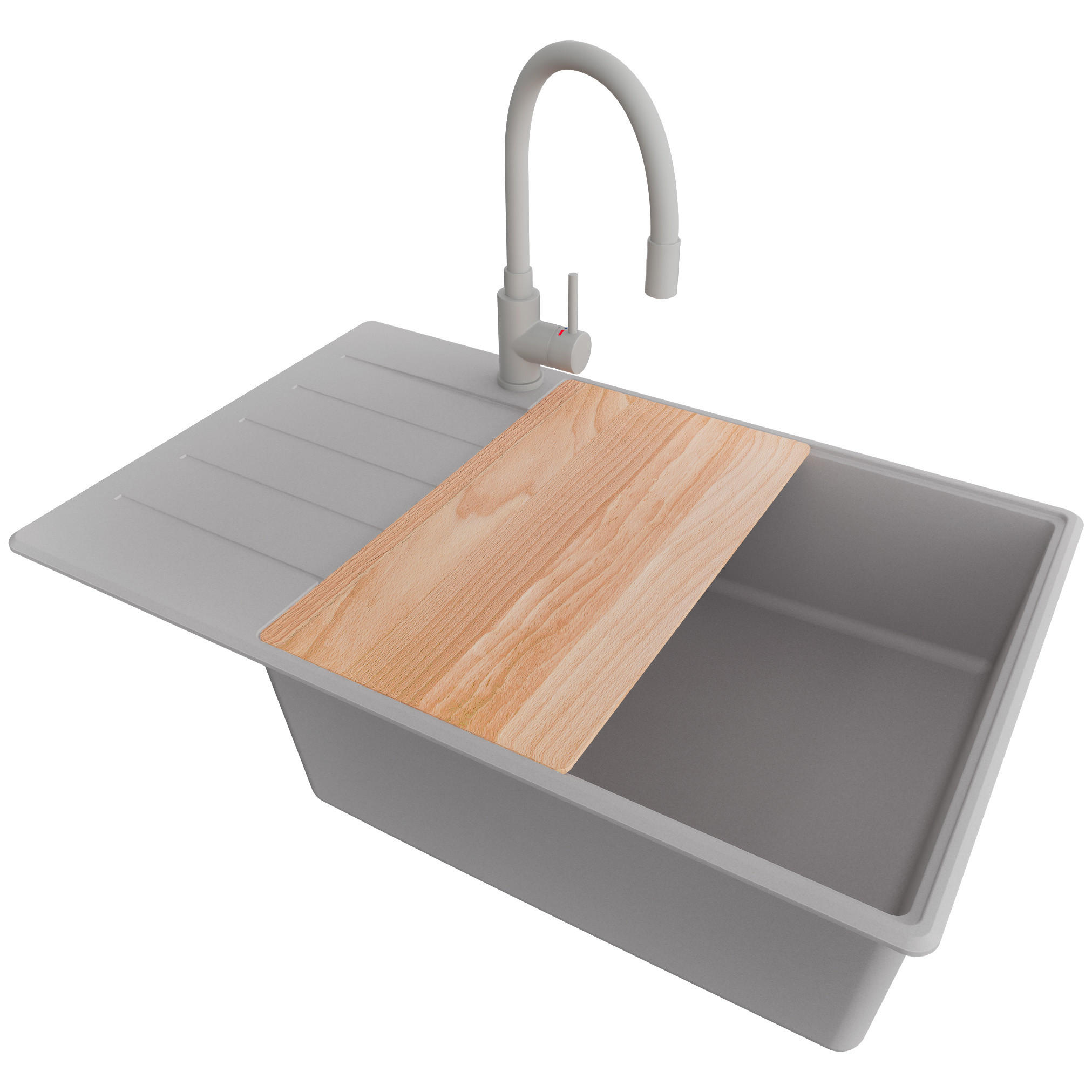 GRANITSPÜLE Kopenhagen, 2-er set Grau 78/50 cm 1 Becken + Küchenarmatur 38/14 cm + Ablauf-Set + Schneidebrett ab 60er Unterschrank - Chromfarben/Beige, Kunststoff (78/20/50cm) - Primagran