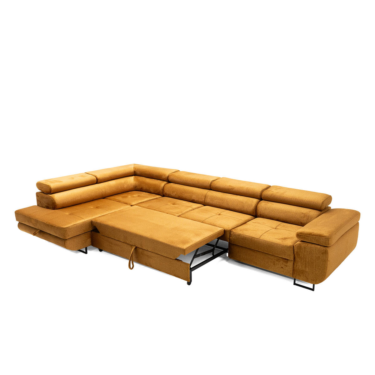 ECKSOFA WILD MAXI L Links mit Schlaffunktion 125x195 Velours Gold - Chromfarben/Goldfarben, Holz/Textil (203/350cm) - Muffo