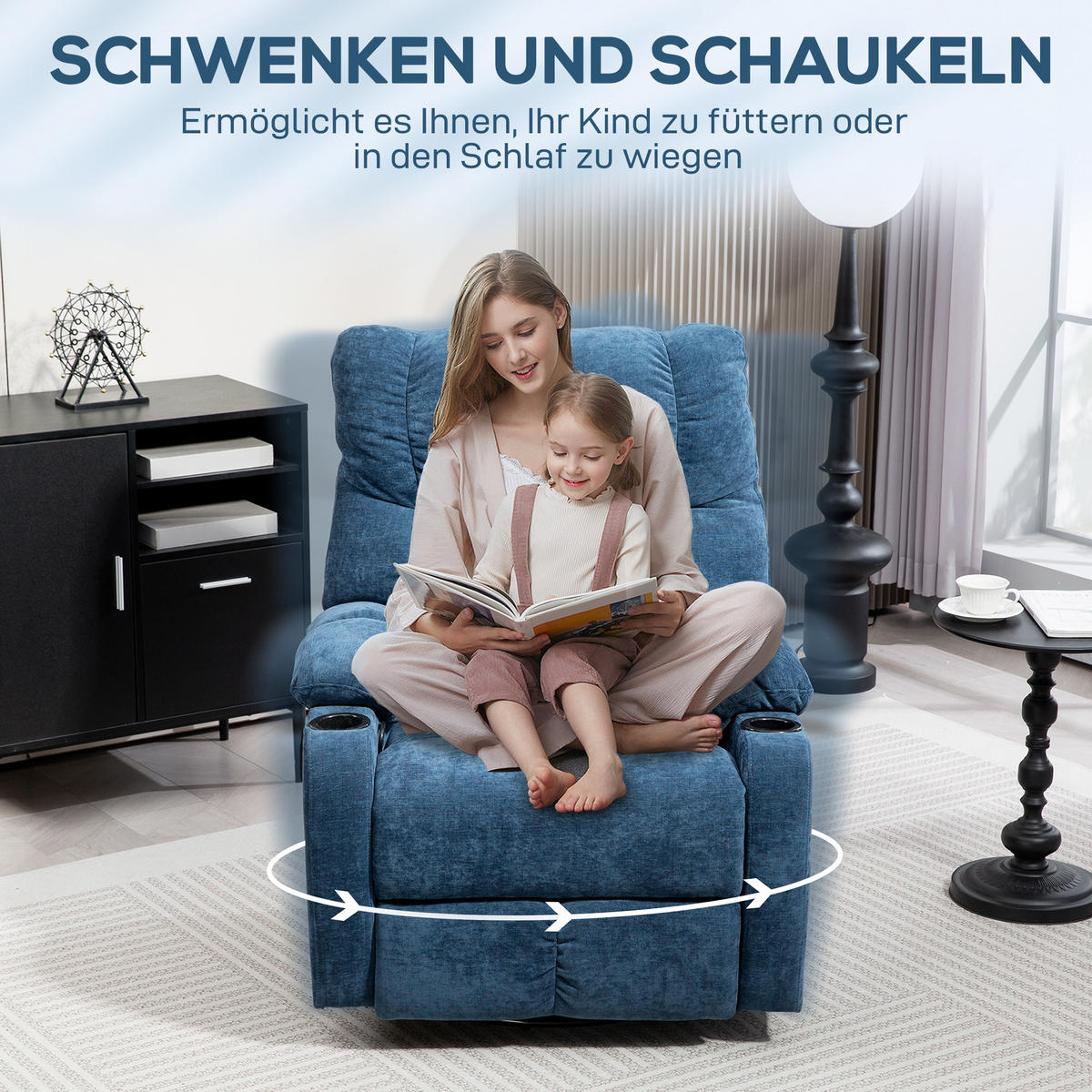 RELAXSESSEL Drehbar Fernsehsessel mit Liegefunktion, Schaukelfunktion Dunkelblau - Blau/Schwarz, Textil/Metall (96/108/88cm) - HOMCOM