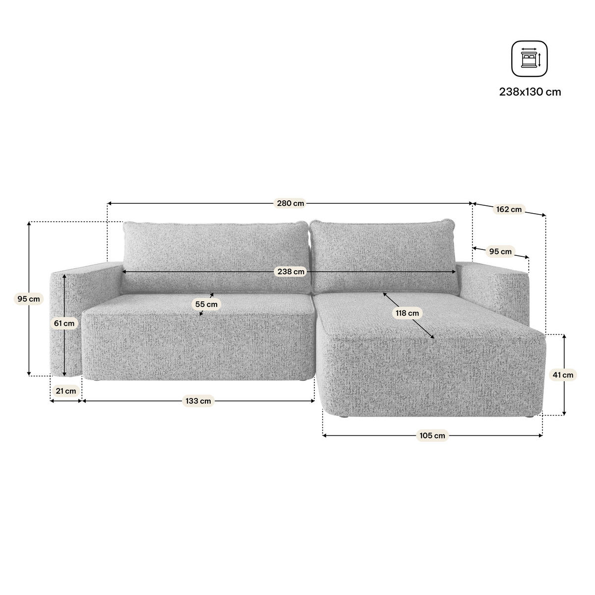 ECKSOFA BELARO BL Beige Chenille mit Schlaffunktion - Beige, Holz/Textil (280/162cm) - MASSENO