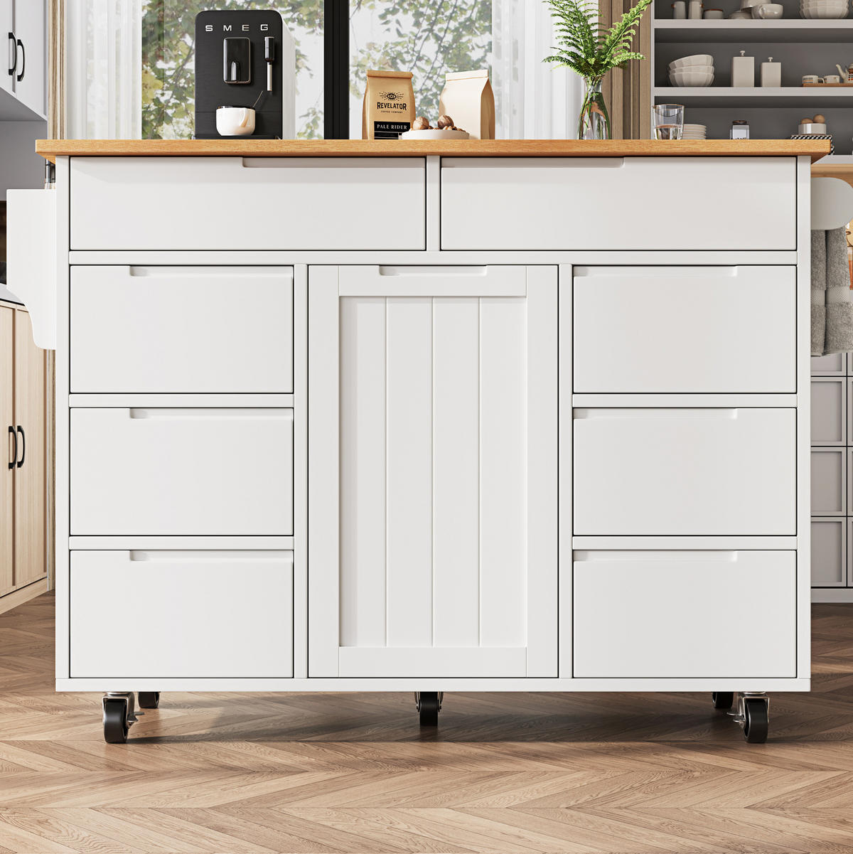 KÜCHENINSEL 122/46/91,5 cm aus MDF mit klappbarer Tischplatte und 8 Schubladen Weiß - Weiß, Holzwerkstoff (122/91.5/74.5cm) - Modenvie